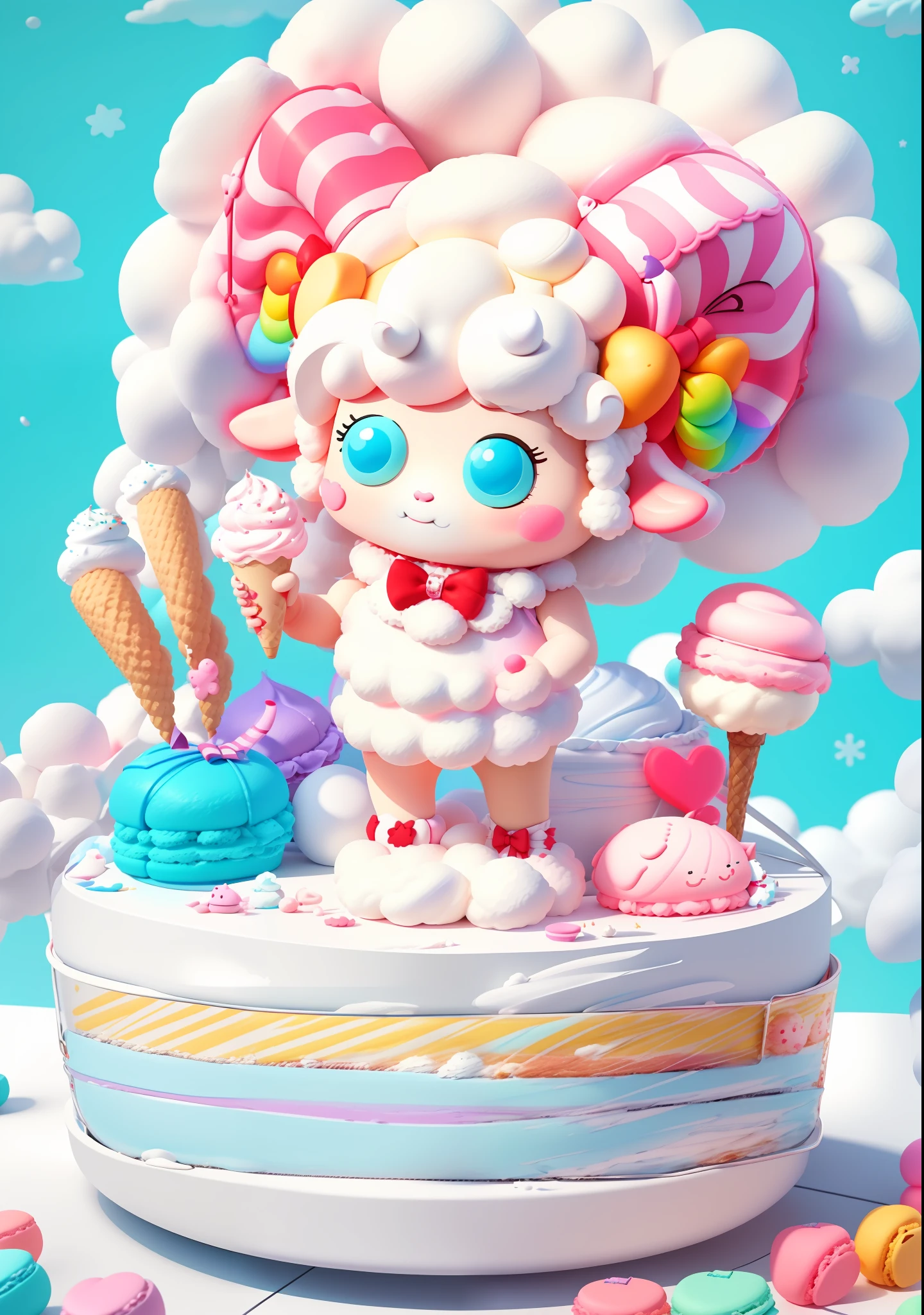 A sheep doll character holding ice cream, figure, blind box, 3D model, sheep with red horns, bow, lollipop, animal sheep character, rainbow sheep like marshmallow, sheep doll, macaron color, bright color block, bright color, line art, infinite detail, fine painting, beautifully depicted, blank background, 8k,