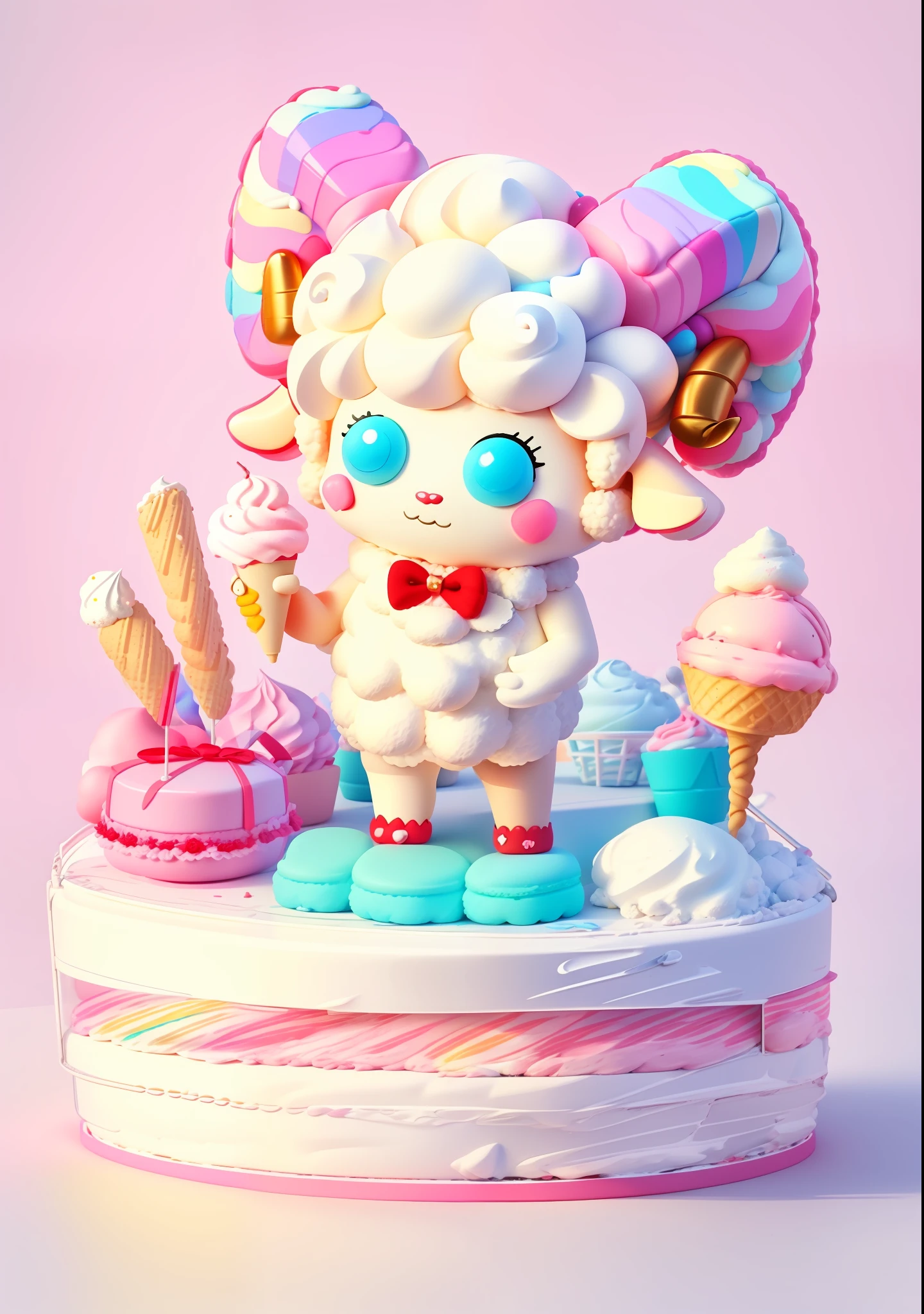 A sheep doll character holding ice cream, figure, blind box, 3D model, sheep with red horns, bow, lollipop, animal sheep character, rainbow sheep like marshmallow, sheep doll, macaron color, bright color block, bright color, line art, infinite detail, fine painting, beautifully depicted, blank background, 8k,