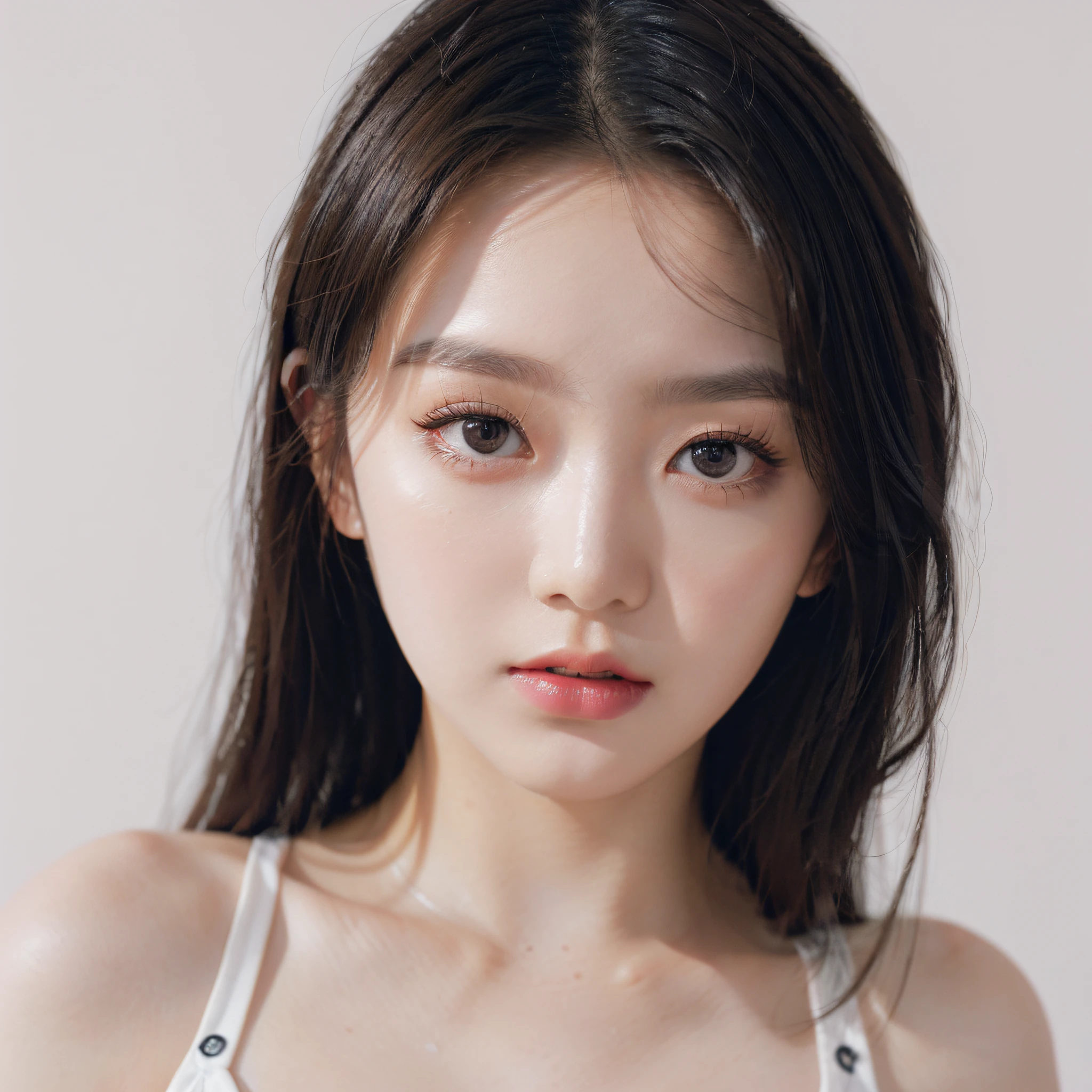 Best Quality, Masterpiece, Ultra High Resolution, (Realistic: 1.4), Original Photo, Wallpaper, Bust Photo, Skin, (Pure white background: 1.4), Black Eyes, Detail, 1 Girl, , Breeze, Emotional Face, Studio Light, Make Up Portrait, Pink eyeshadows, Red lips