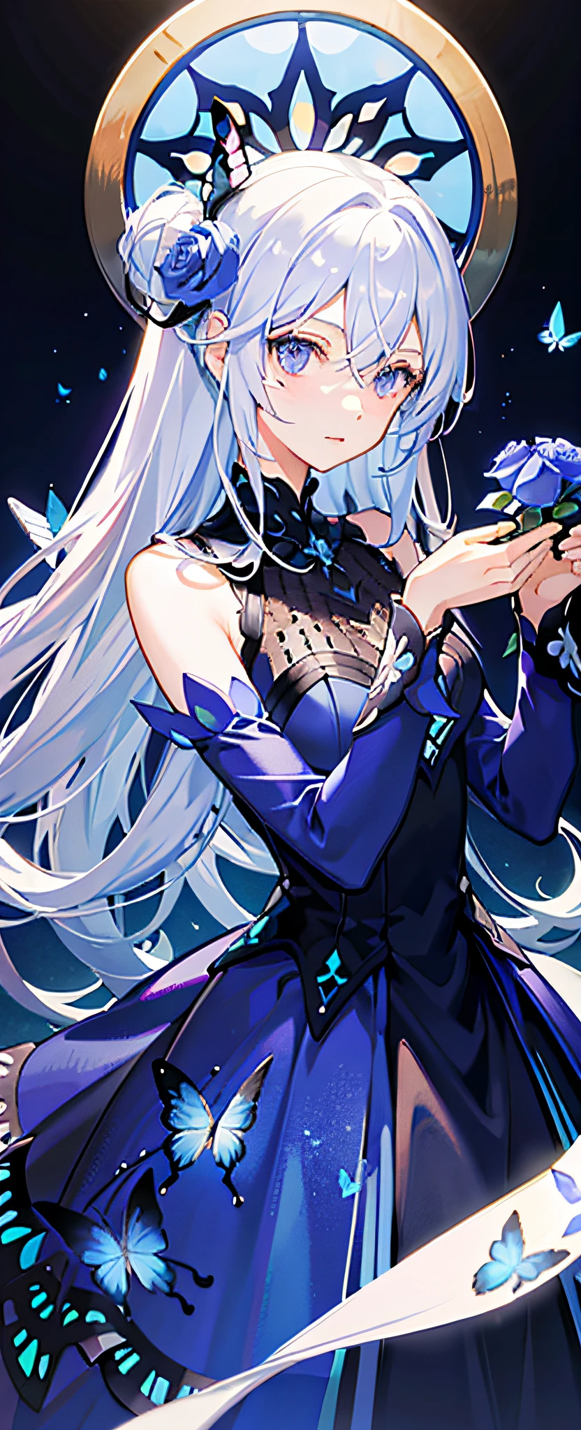 vvi\(artstyle\), vvi\(face\),vvi\(eyes\), ((masterpiece)), ((ultra-detailed)), pixiv, best shadows, best lighting, best quality, cinematic shot, 1girl, butterfly, flower, long hair, bug, colored skin, looking at viewer, purple eyes, parted lips, rose, blue flower, white hair, bangs, blue rose, solo, hands up, petals, hair between eyes, dress, very long hair, blue butterfly