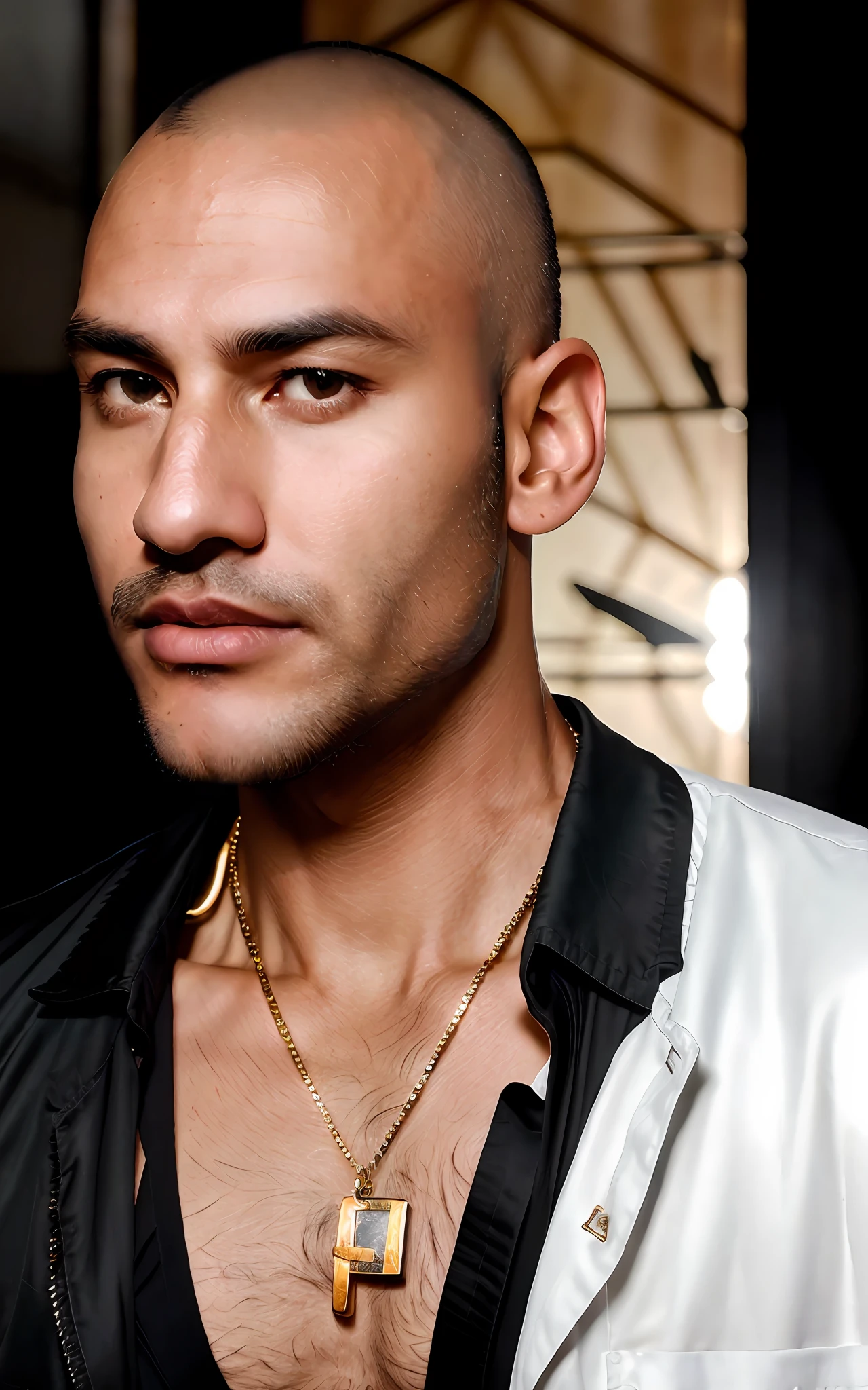 b&w photo of 42y old man in black clothes, hairy chest, open shirt, wearing a gold cross on a necklace, mixed race, shaved stubble head, face, upper body, body, high detailed skin, skin pores, busy nightclub, 8k uhd, dslr, soft lighting, high quality, film grain, Fujifilm XT3