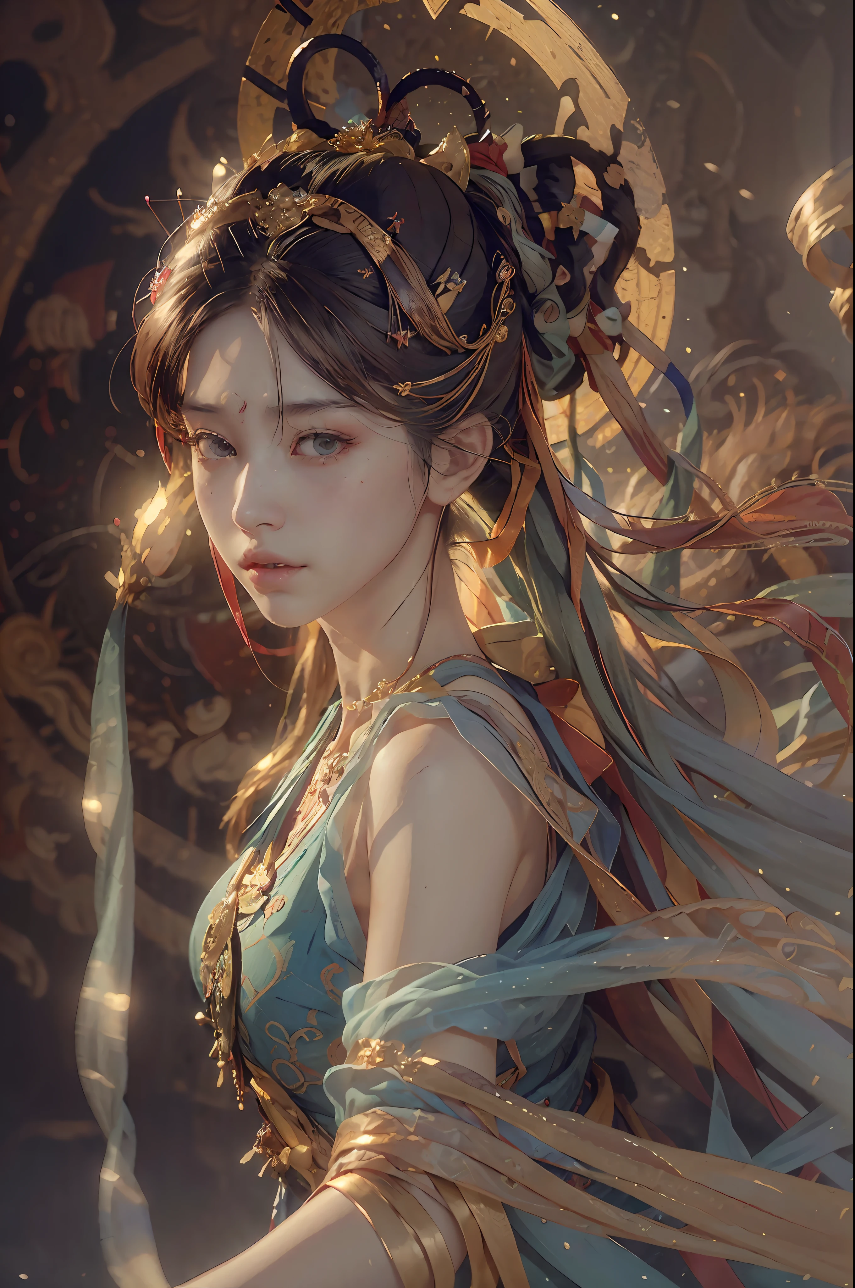 (RAW photo, best quality), (realistic, photo-realistic:1.3),best quality,highly detailed,masterpiece,ultra-detailed,illustration,1girl,upper_body,dynamic angle,world masterpiece theater,messy_long_hair,best quality,extremely detailed CG unity 8k wallpaper,ink,Amazing,cinematic lighting,lens_flare,,dunhuang_style