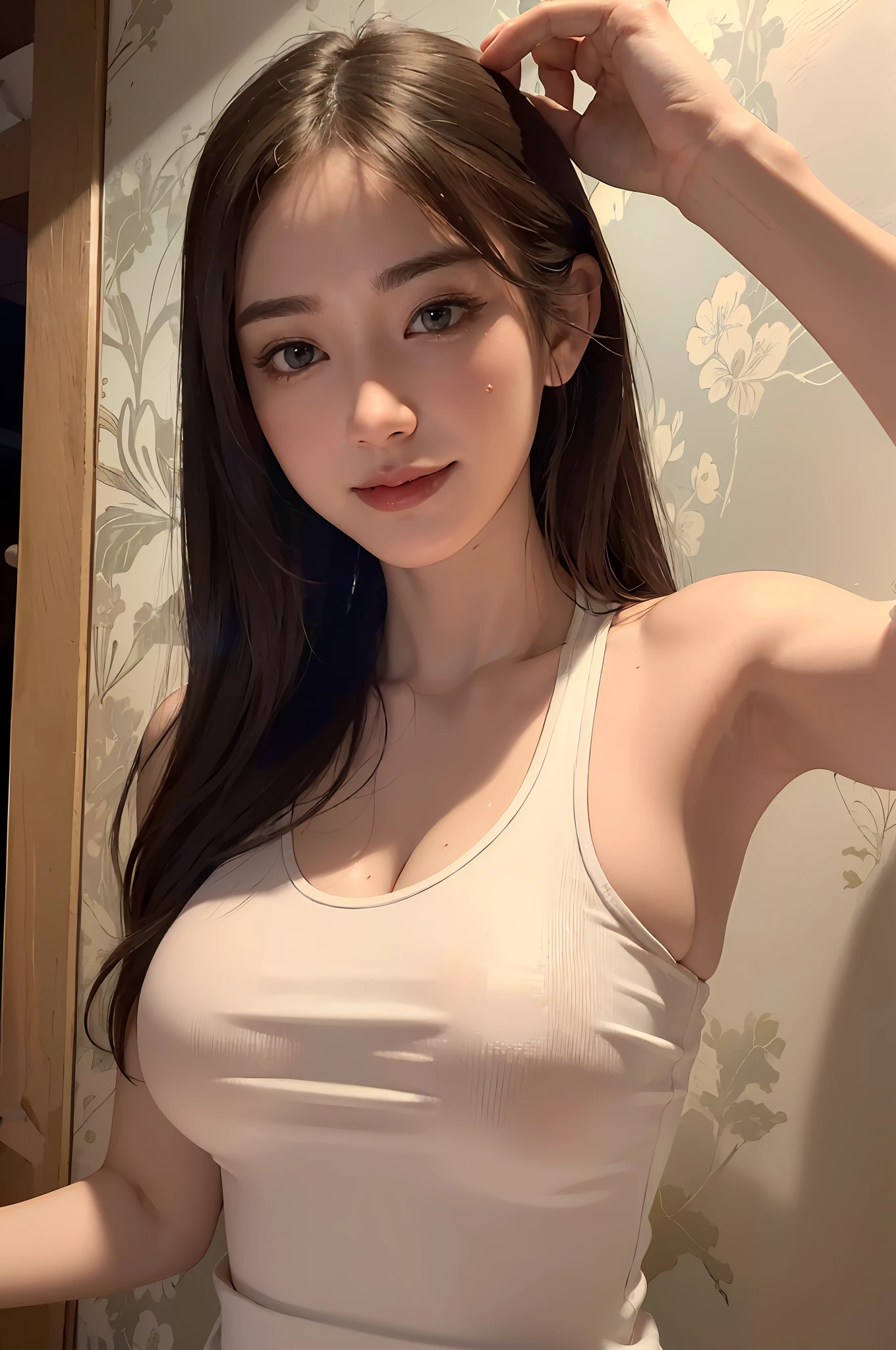 (Ultra Realistic), (Illustration), (High Resolution), (8K), (Very Detailed), (Best Illustration), (Beautiful Detailed Eyes), (Best Quality), (Ultra Detailed), (Masterpiece), (Wallpaper), (Detailed Face), Upper Body Up,Armpits, Smile,Plump,Solo,Simple White Tank Top Girl, Sweaty, Japan People, Big, (Camel Toe)