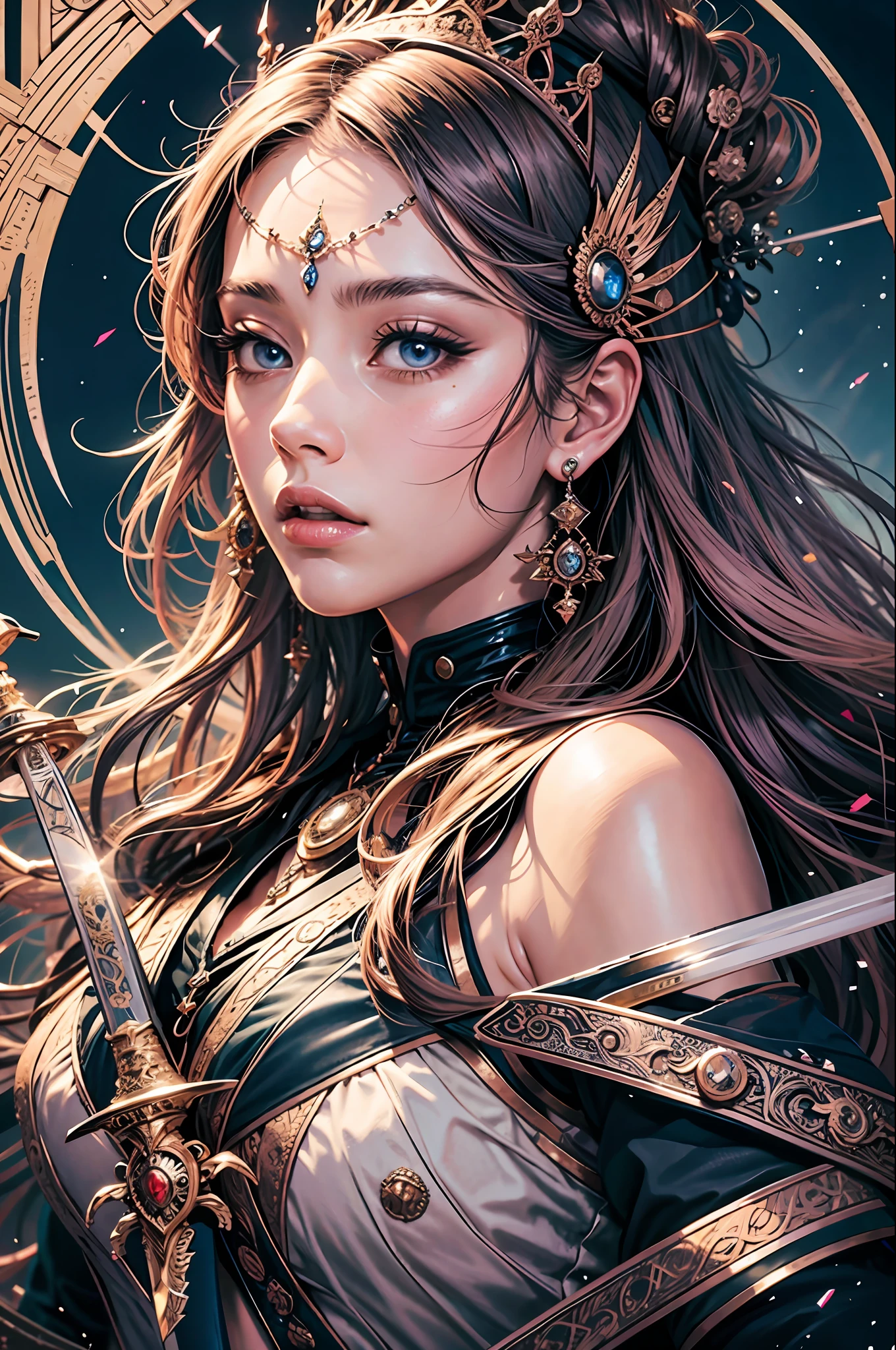 official art, unity 8k wallpaper, ultra detailed, beautiful and aesthetic, High quality, beautiful, masterpiece, best quality,
1 queen,sword , (zentangle, mandala, tangle, entangle:0.6)