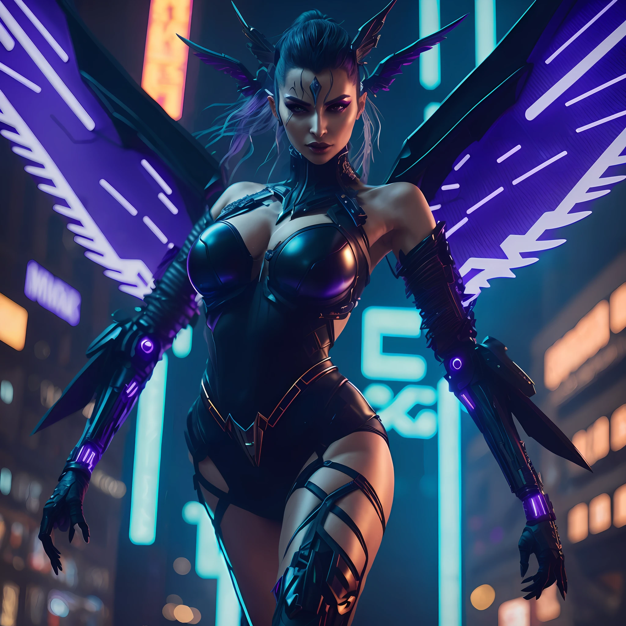 araffe woman in a black outfit with wings and a purple light, cyberpunk angry gorgeous goddess, cyberpunk cyborg wasp, cyberpunk bee, cyberpunk robotic elvish queen, cyberpunk 2 0 y. o model girl, hyper-realistic cyberpunk style, seductive cyberpunk dark fantasy, cyberpunk lut, cyberpunk angry gorgeous druid, cgsociety inspired, beautiful cyberpunk woman model