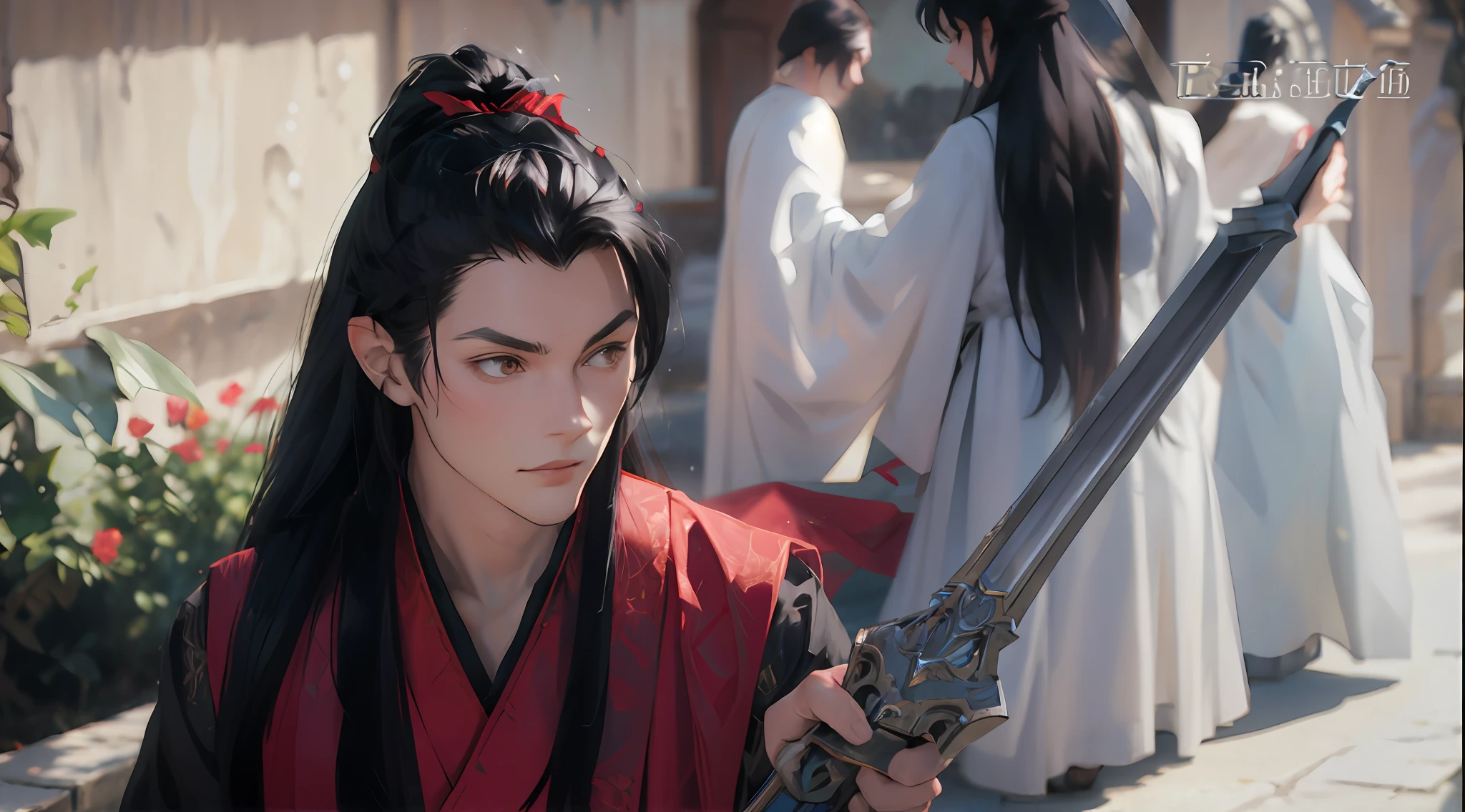 Male, long black hair, red hair, holding a silver spear in his hand, perfect light and shadow, masterpiece, close-up, three-dimensional facial features