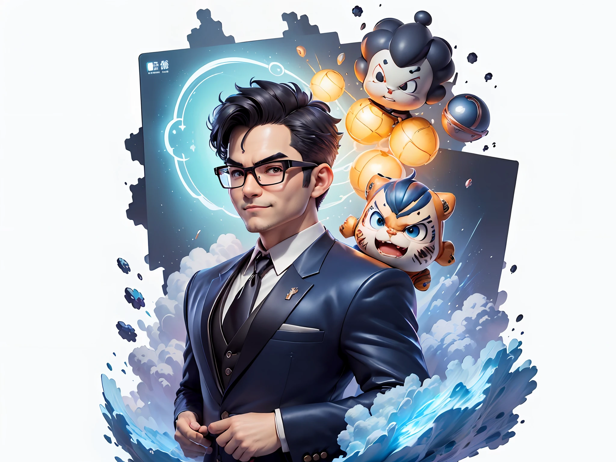 (((Masterpiece), (Excellent), (Super Meticulous), (Full Body: 1.2), Super Young Man, Oriental Face, Japanese Wind and Thunder God, Dragon, Tiger, TV Anchor, Bust Portrait Illustration, Alone, Black Formal Suit, Blue Tie, Slightly Chubby Face, Silver Glasses Face Very Clean No Beard, Black Super Short Hair, Black Eyes, Confident Smile, 3c Computer Sub-Products, iPad, iPhone, Digital Painting, 3D Character Design by Akira Toriyama and Mark Claireden and Pixar and Hayao Miyazaki, The illustration is a high-definition illustration in 4K resolution with very detailed facial features and cartoon-style visuals.