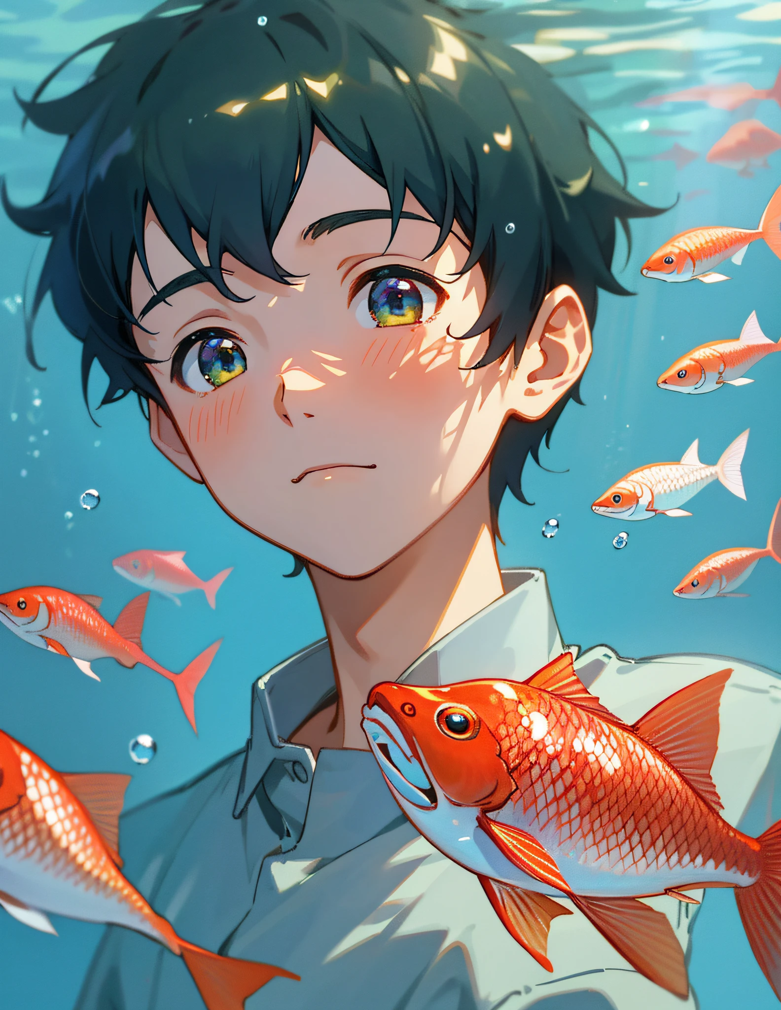 Facial close - up, a cute boy and red fish, dreamy, watery eyes, front view, makoto shinkai, underwater, in the style of Otomo Katsuhiro, look up, red fish surreal the boy, in a realistic hyper detailed render style, glow, yellow,blue, brush, hyper -realistic oil, exaggerated perspective, Tyndall effect, water drops, mother- of - pearl iridescence, Holographic white, green backgrounc --ar 3:4 --niji 5 --style scenic