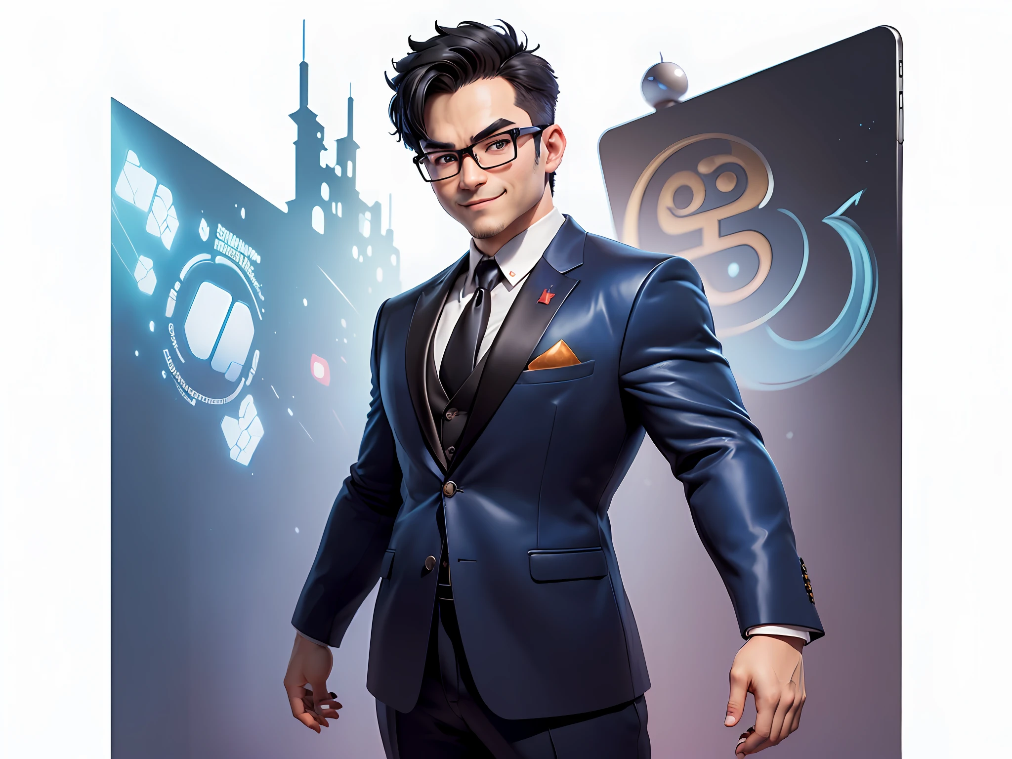 (((Masterpiece), (Excellent), (Super Meticulous), (Full Body: 1.2), Super Young Man, Oriental Face, Japanese Wind and Thunder God, Dragon, Tiger, TV Anchor, Bust Portrait Illustration, Alone, Black Formal Suit, Blue Tie, Slightly Chubby Face, Silver Glasses Face Very Clean No Beard, Black Super Short Hair, Black Eyes, Confident Smile, 3c Computer Sub-Products, iPad, iPhone, Digital Painting, 3D Character Design by Akira Toriyama and Mark Claireden and Pixar and Hayao Miyazaki, The illustration is a high-definition illustration in 4K resolution with very detailed facial features and cartoon-style visuals.