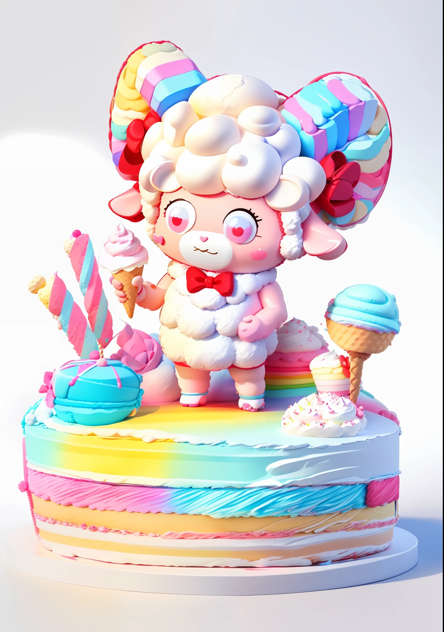 A sheep doll with ice cream, figure, blind box, 3D model, sheep with red horns, bow, lollipop, cream, cake, animal sheep character, rainbow sheep like marshmallow, sheep doll, macaron color, bright color block, bright color, line art, infinite details, fine drawing, beautifully depicted, blank background, 8k,