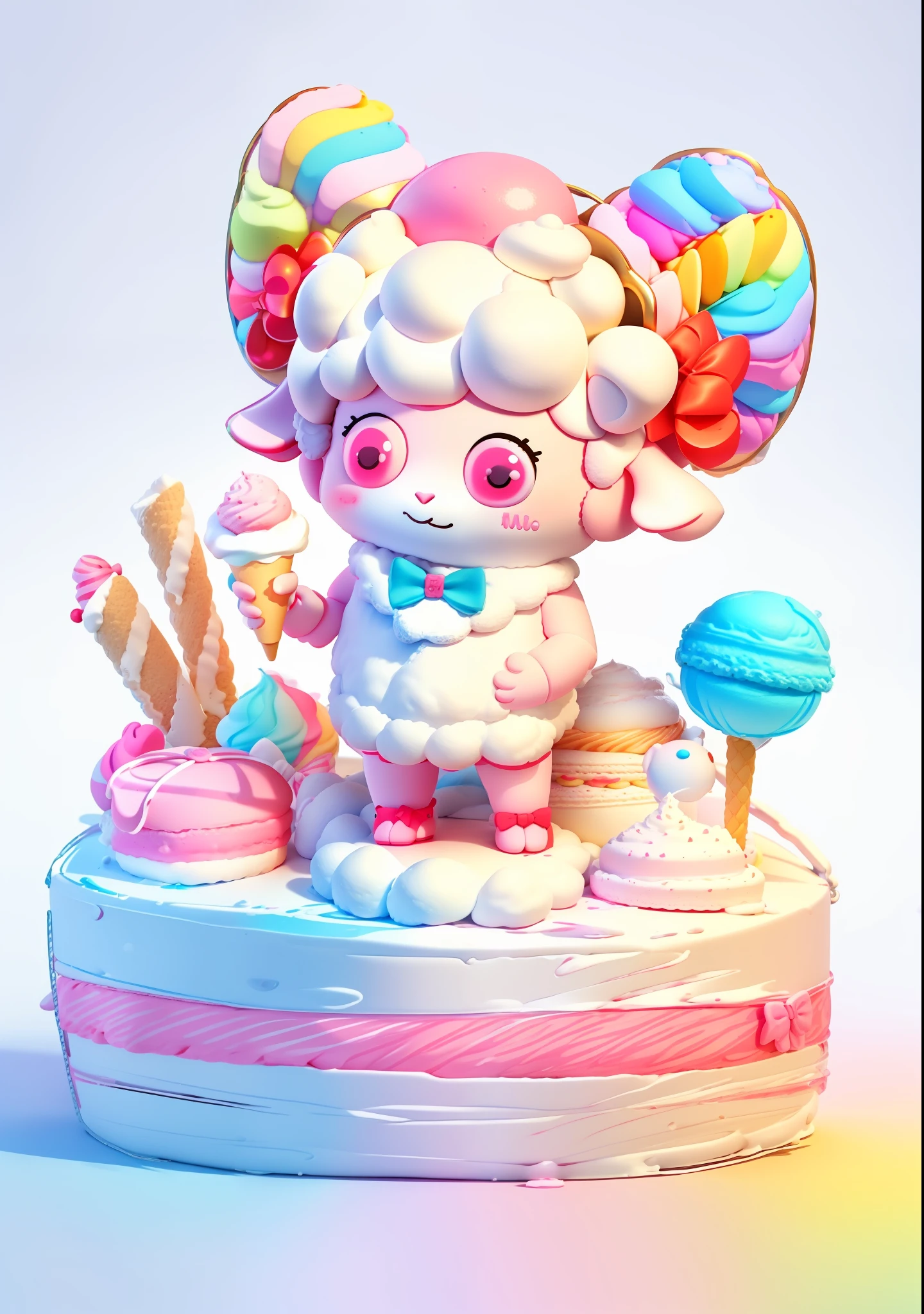 A sheep doll with ice cream, figure, blind box, 3D model, sheep with red horns, bow, lollipop, cream, cake, animal sheep character, rainbow sheep like marshmallow, sheep doll, macaron color, bright color block, bright color, line art, infinite details, fine drawing, beautifully depicted, blank background, 8k,