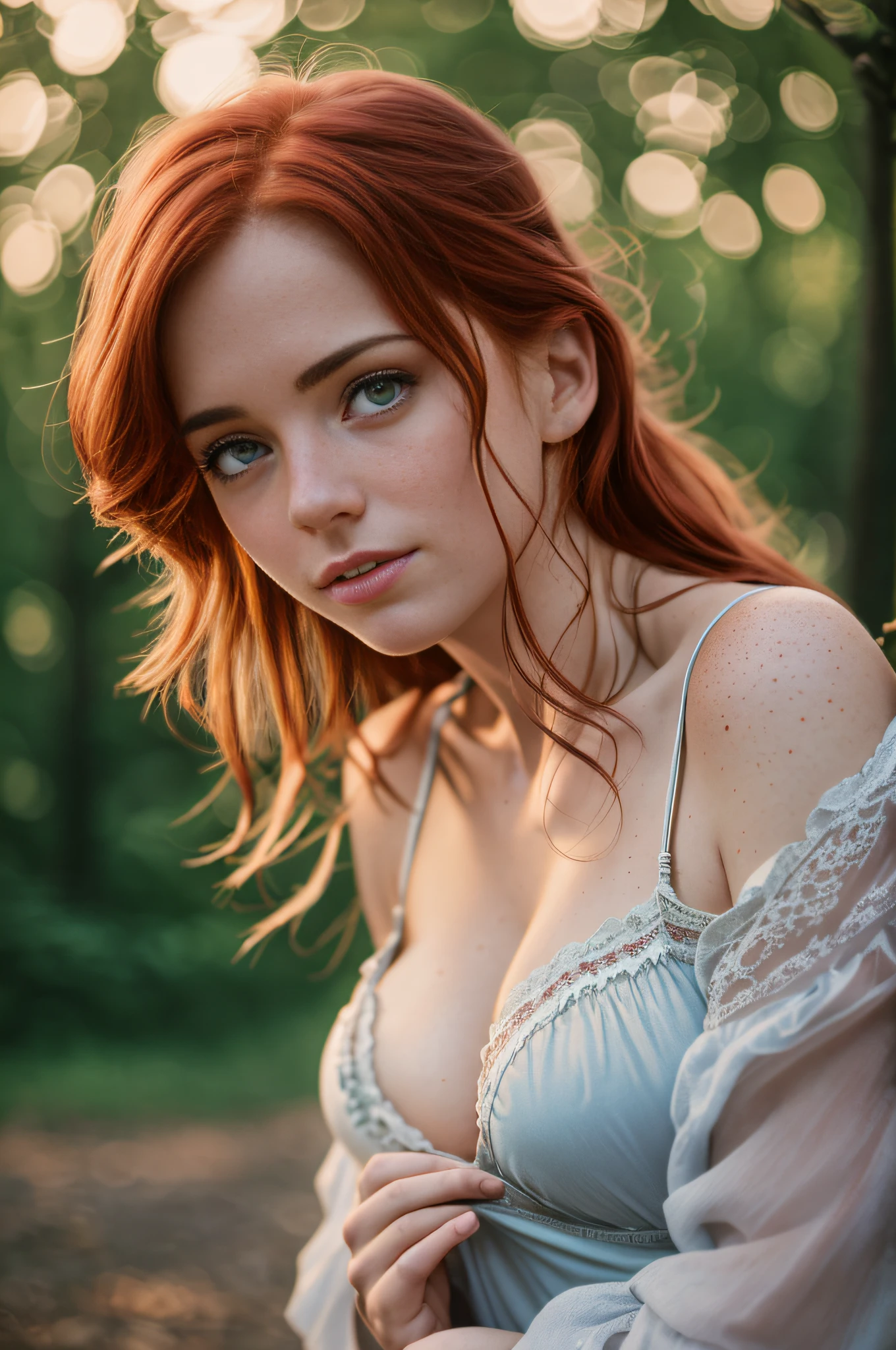 (8k, RAW photo, highest quality) depth of field, bokeh, 8K, HDR, cinematic rendering, a portrait of a 36-year-old redhead, framing from the navel, some small freckles, dressed in a ragged nightie, straps dropped, peeled off, leaning against a tree in the wilderness, goosebumps, cinematic, faded colors, dark shot, muted colors, grainy film, read, crazy details, intricate details, hyperdetailed, sunset, shyness, seduction, romance, looks at the camera lens lovingly, no visible hand