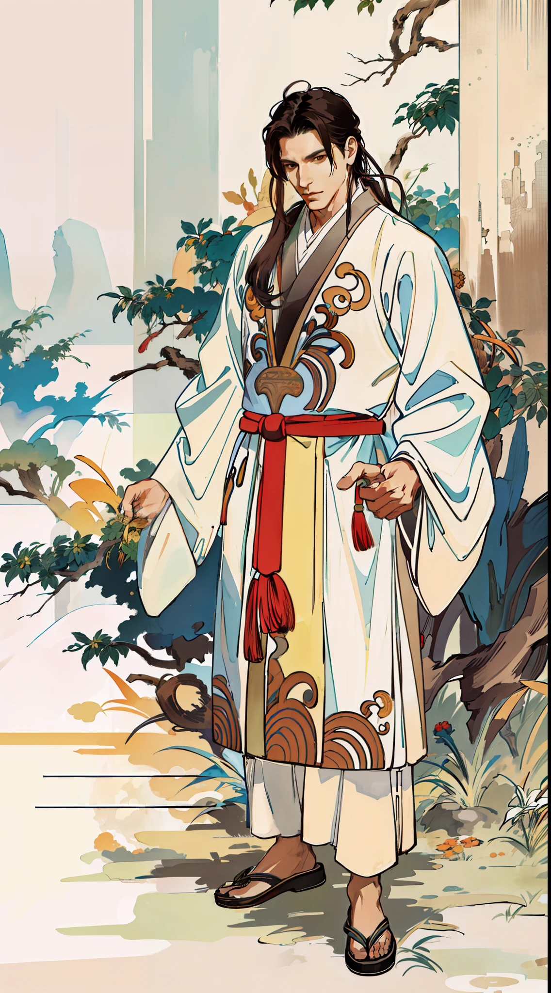 (ridiculous, high resolution, super detailed, realistic,), 1 male, solo, ancient, hanfu robe, adult, mature, broad-shouldered, handsome, long hair, black hair, brown eyes, full body