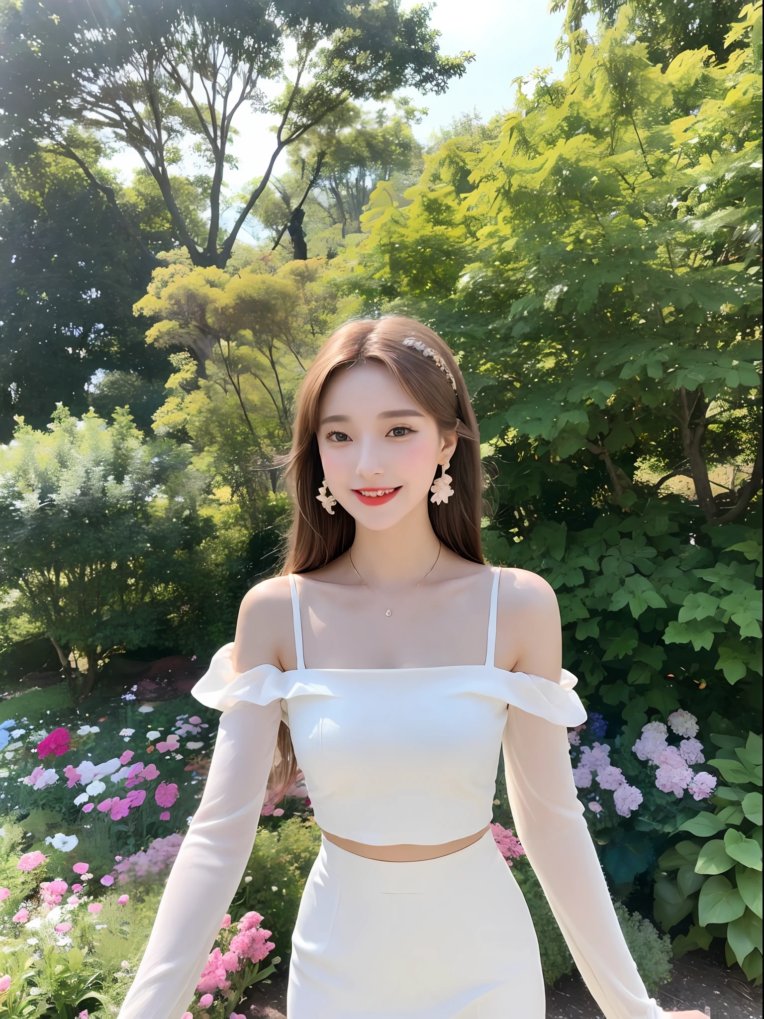 In the garden, 1 girl, hairpins, earrings, jewelry, brown hair, looking at the audience, lips, playful, thighs, full body, white top, short skirt, sweet smile on the face, natural arms, seems to be dancing in harmony with the surroundings. Her breath is full of vitality and vitality, as if her whole body is venting the energy of youth. The whole picture is made more vivid by her presence, making people feel endless joy and vitality.