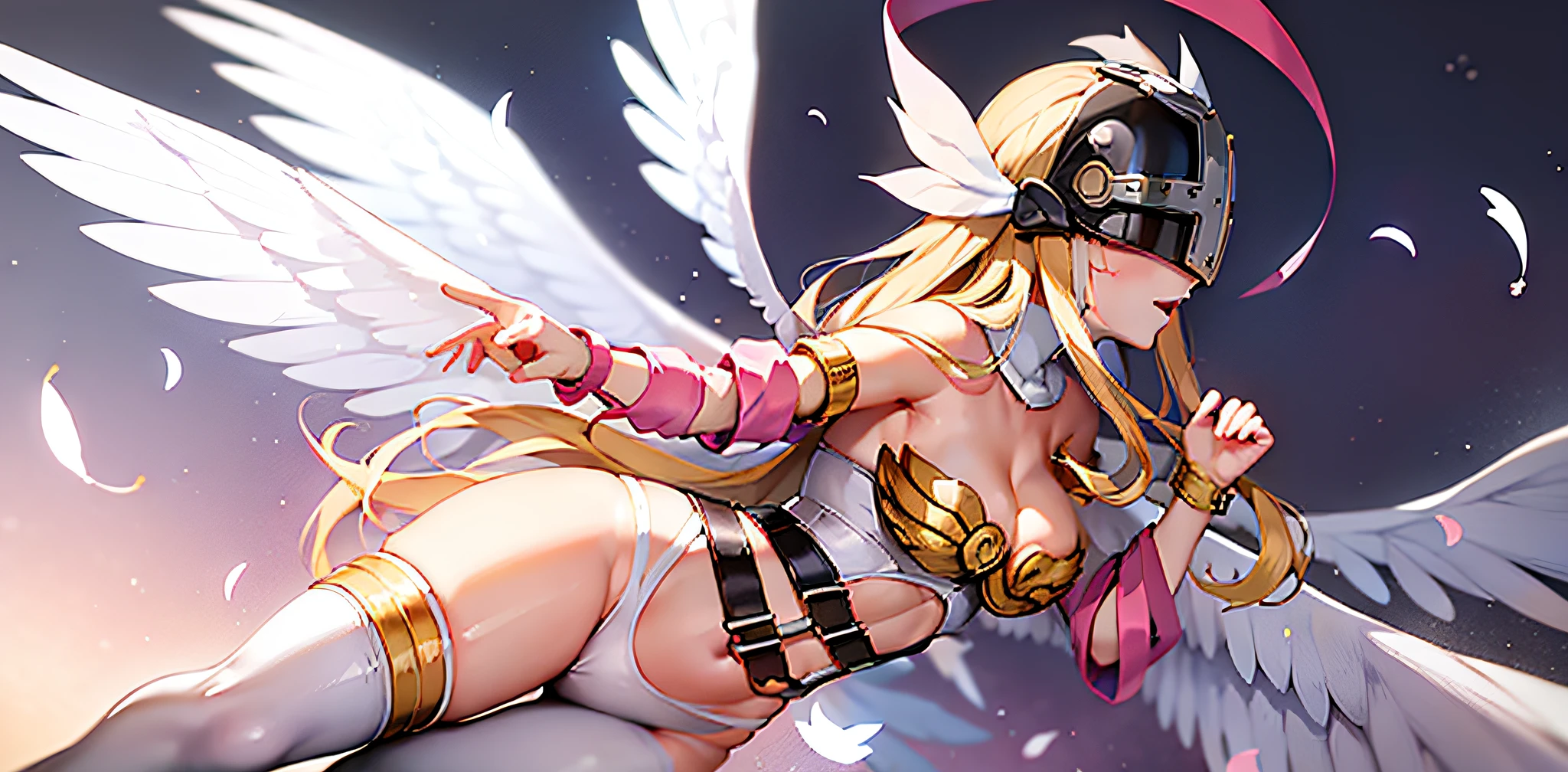 best quality, intricate details, 1girl, Angewomon, winged helmet, helmet over eyes, helmet on, covered eyes,white multiple wings, white wings, pink hagoromo, single glove, strapless,white bodysuit, gold strapless bra, black belt, two belts,petals floating in the wind,floating white feathers,colorful startrails,