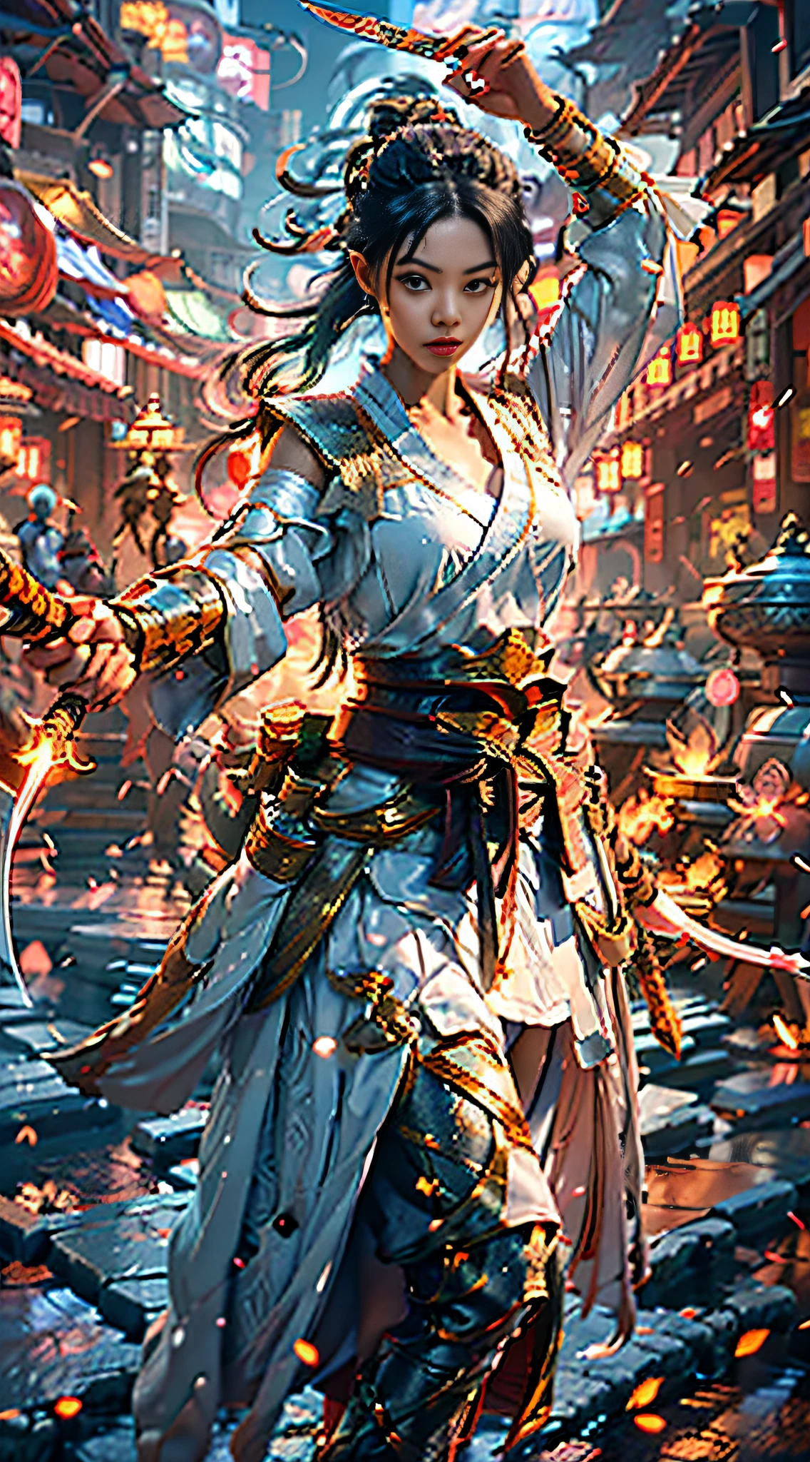 Best Quality, Masterpiece, Ultra High Resolution, Cultivation, Weapon, Detail Face, Solo, Weapon, (Magic Circle: 1.2), Pretty Girl, Full Body, East Asian Architecture, Sheath, Architecture, Ace, 4k, High Resolution, Head: 1.3, Delicate Skin, Sharp Focus, (Cinema Lights), Collarbone, Soft Light, Cool, Dynamic Angle, [:( Detailed Face: 1.2): 0.2], Armpit Wrinkles, Thigh Gaps, Slightly Chubby and Plump, Mid-breast, Full Body , Phoenix Eyes, Delicate Facial Features, Ink Pastel, Ultra HD abstract composition, Paladin Ranger, sword, weapon, 1gid, martial arts knife, gradient, gradient background, sheath, earrings, jewelry, knife bow, horsetail whip, ear piercing, black hair, piercing, fairy flutter, hand on hit