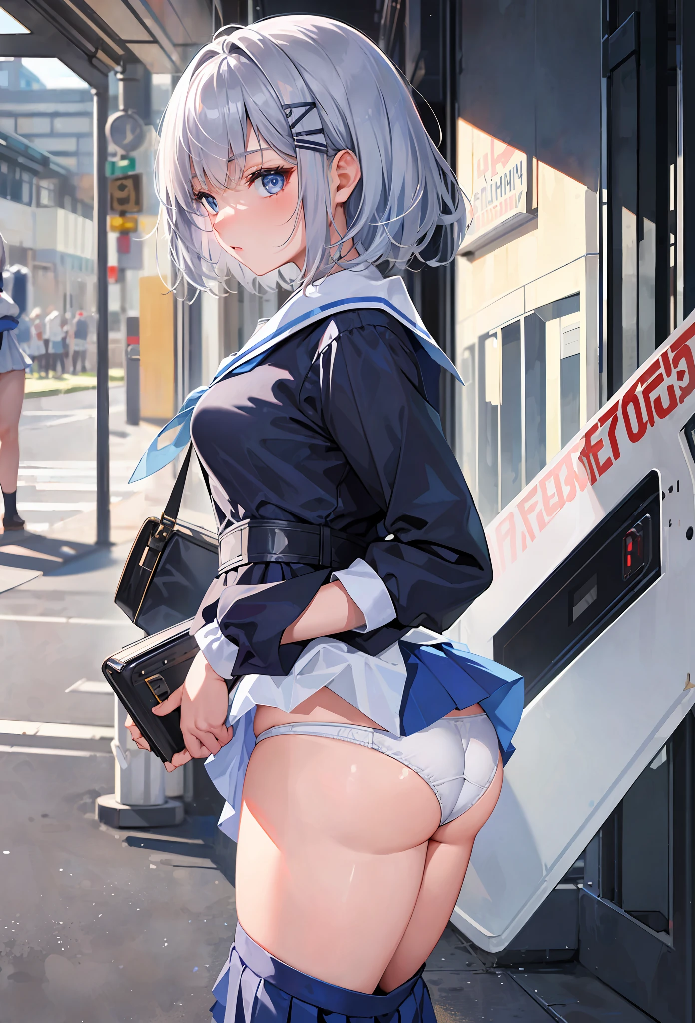 ((Masterpiece), Top Quality, Girl, (High School Uniform), , Silver Shorthair, Blue Eyes, (Skirt Deflected), (White Panties), (Small), Perfect Anatomy