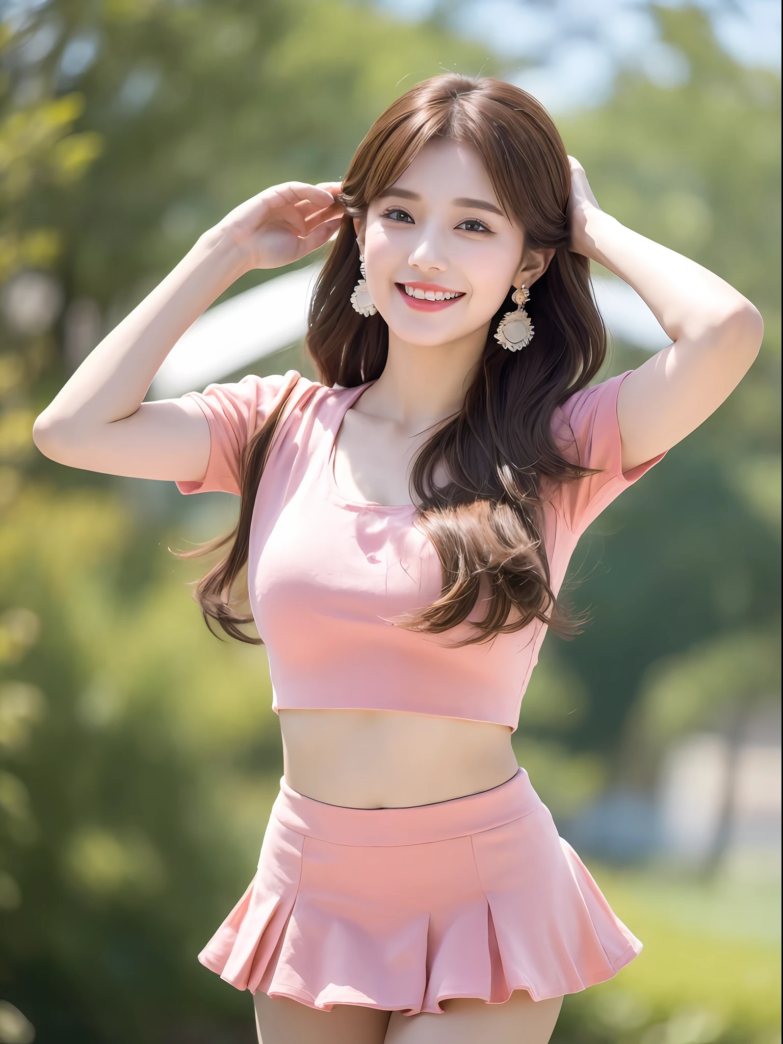 Outdoor, 1 girl, hairpins, earrings, jewelry, brown hair, looking at the audience, lips, playful, thighs, full body, pink top, short skirt, sweet smile on the face, natural arms, seems to be dancing harmoniously with the surroundings. Her breath is full of vitality and vitality, as if her whole body is venting the energy of youth. The whole picture is made more vivid by her presence, making people feel endless joy and vitality.