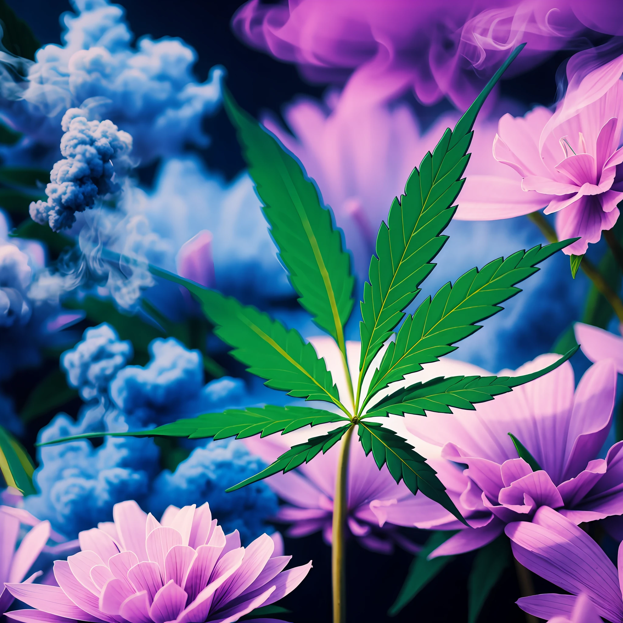 ((masterpiece)), best quality, ultra-detailed realism, beautiful bokeh, dynamic and floating, [Cannabis leaf AND smoke:1.3], blue and purple haze, high saturation, high contrast, Volumetric light.