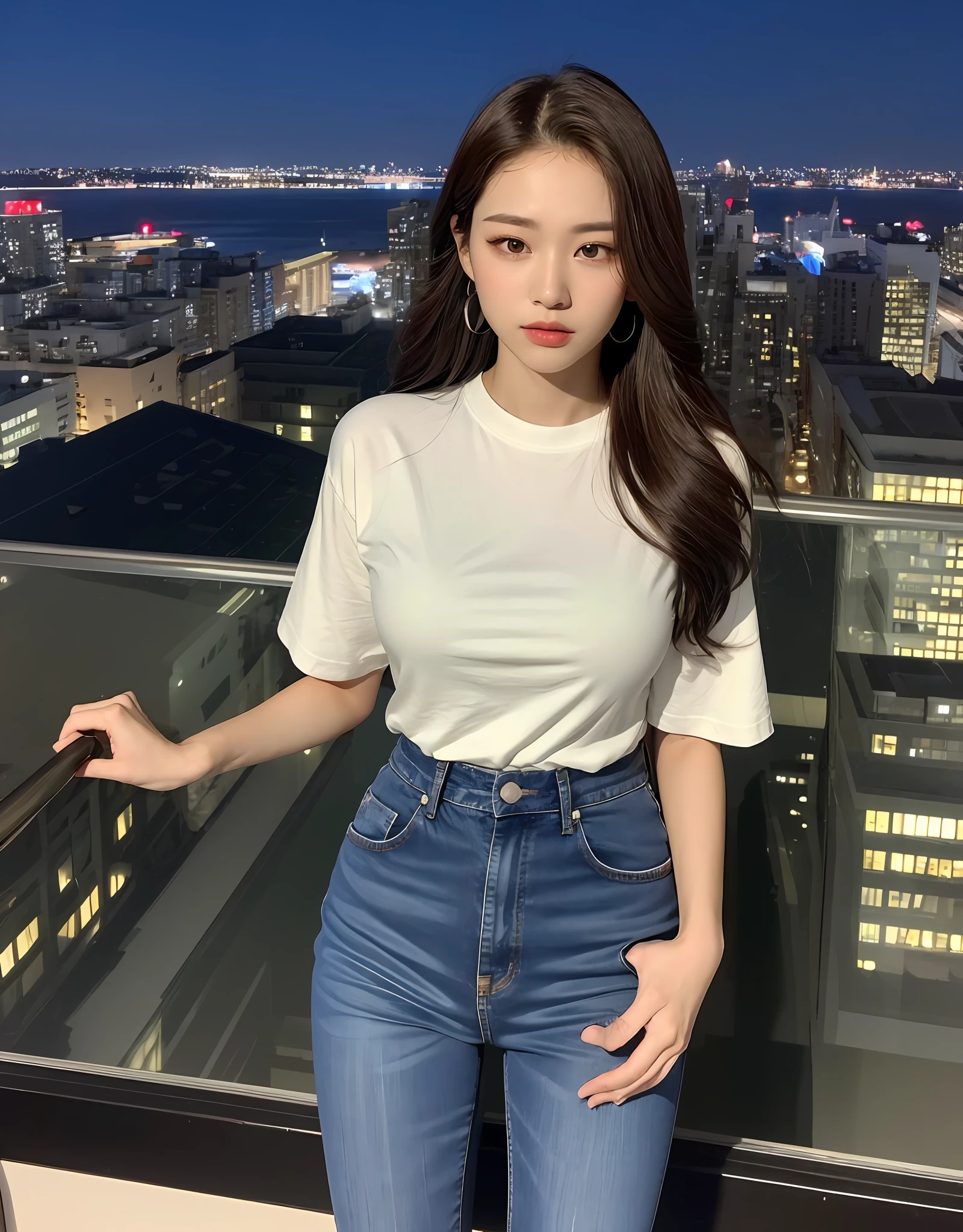 (Midnight, Acura, 8K, Masterpiece:1.3)), Full Body, Long Legs, Focal Length: 1.2, Perfect Body Beauty: 1.4, Slim Abs: 1.1, ((Dark Brown Hair, Big Breasts: 1.2 )), (White Skinny T-shirt, Jeans, Standing: 1.2), ((City Night View, Rooftop: 1.3)), Highly detailed face and skin texture, Fine eyes, Double eyelids