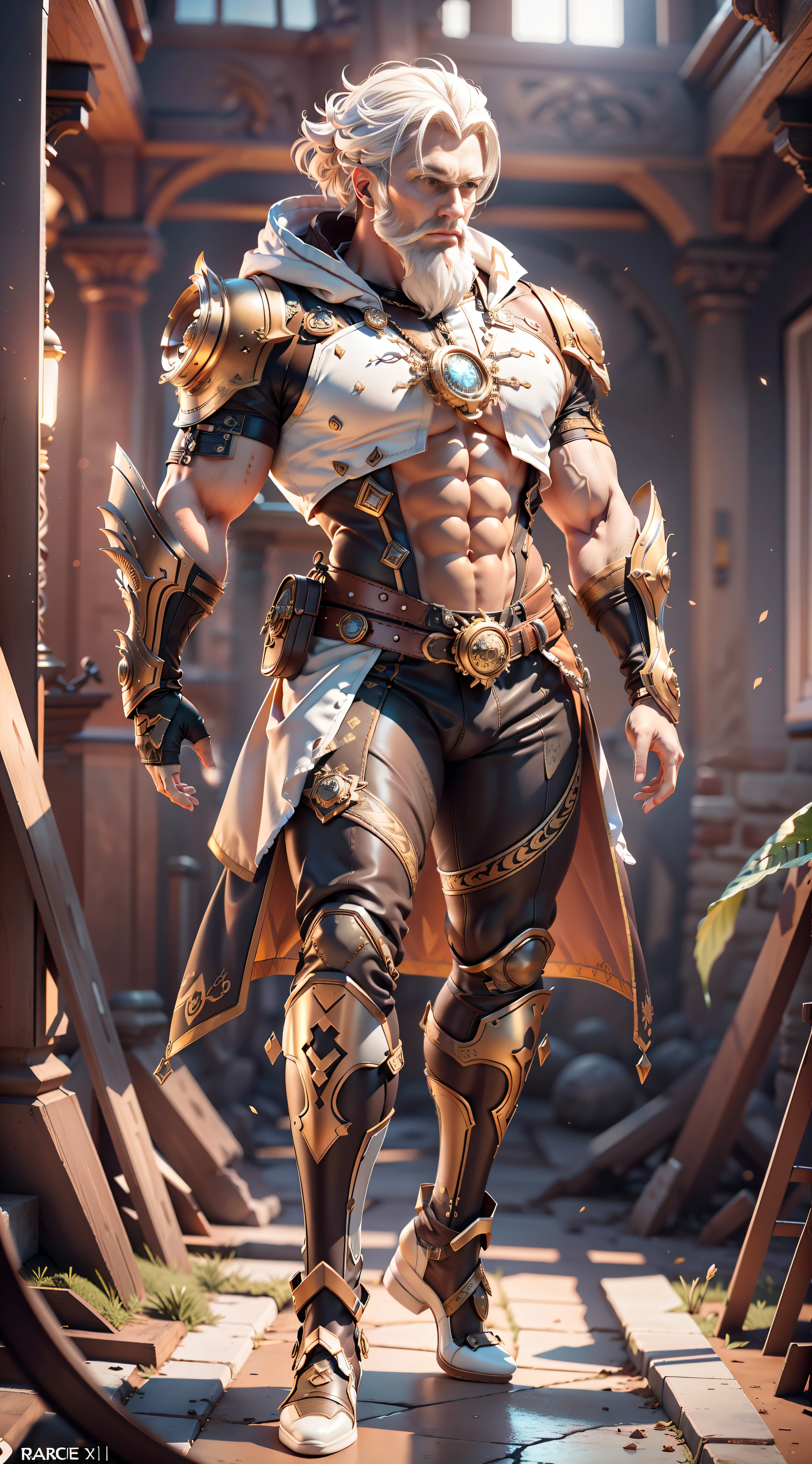 Broken [brown: white: 0.5] theme, ((gradient background: 1.1))),panorama, full body, best quality, masterpiece, super high resolution, (realism:1.4), absurdity, cinema lighting, a strong man, (((muscle lines))), strong, (((human head))), delicate human face, (anatomically correct), ((glowing )), short white hair, red eyes, (parchment pattern clothing decoration), ((white shoes)), surrealism, steampunk, Intricate design, extreme detail, fine detail, HDR (High Dynamic Range), Ancient Technology, HDR (High Dynamic Range), Ray Tracing, NVIDIA RTX, Super Resolution, Unreal 5, Subsurface Scattering, PBR Textures, Post-processing, Anisotropic Filtering, Depth of Field, Maximum Clarity and Acutance, Multi-layer Textures, Albedo and Highlight Maps, Surface Shading, Accurate Simulation of Light-Material Interactions, Perfect Ratios, Octane Rendering, Two-tone Lighting, Low ISO, White Balance, Rule of Thirds, wide aperture, 8K RAW, high efficiency sub-pixel, subpixel convolution, luminescent particles, light scattering