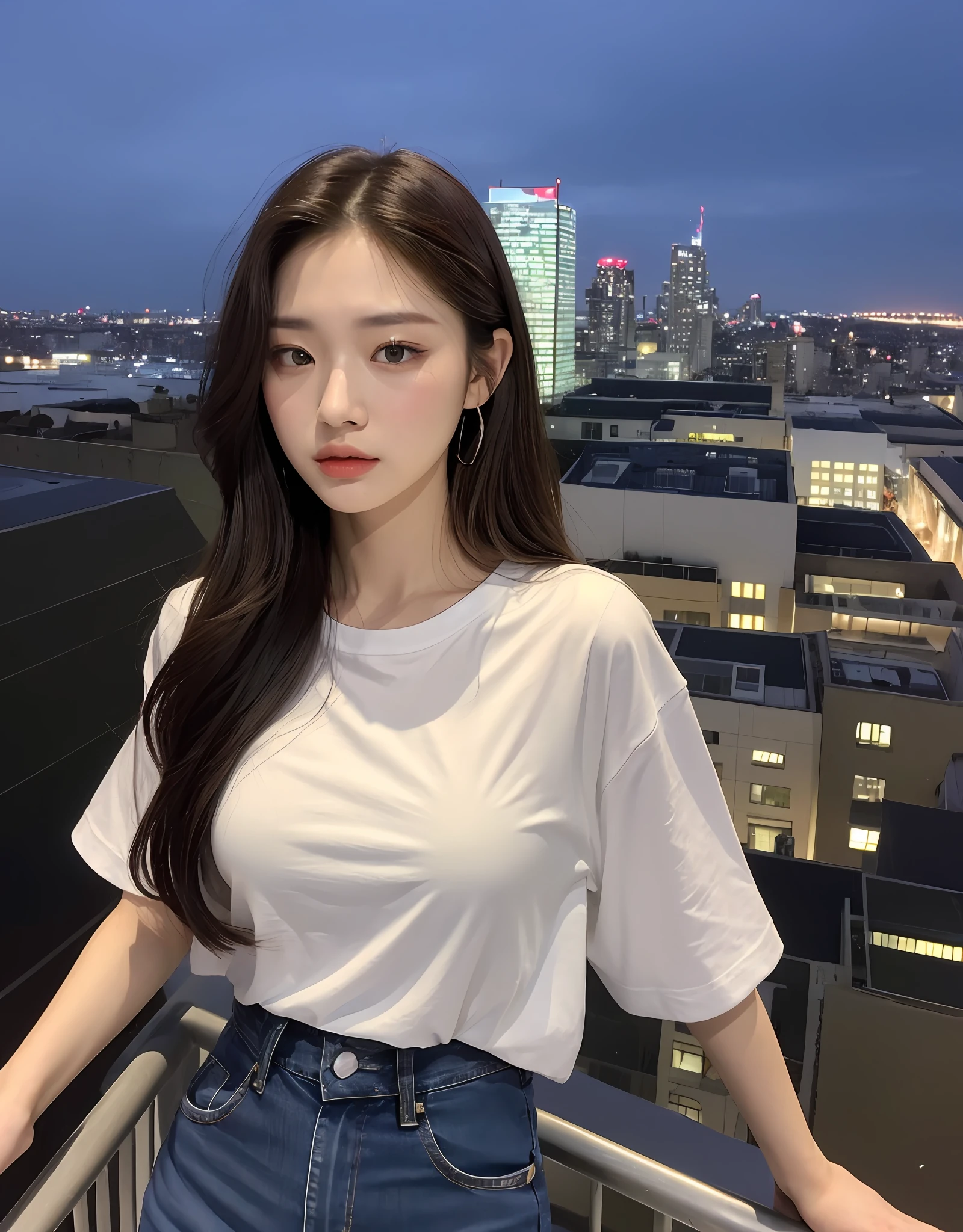 (Midnight, Acura, 8K, Masterpiece:1.3)), Full Body, Long Legs, Focal Length: 1.2, Perfect Body Beauty: 1.4, Slim Abs: 1.1, ((Dark Brown Hair, Big Breasts: 1.2 )), (White Skinny T-shirt, Jeans, Standing: 1.2), ((City Night View, Rooftop: 1.3)), Highly detailed face and skin texture, Fine eyes, Double eyelids