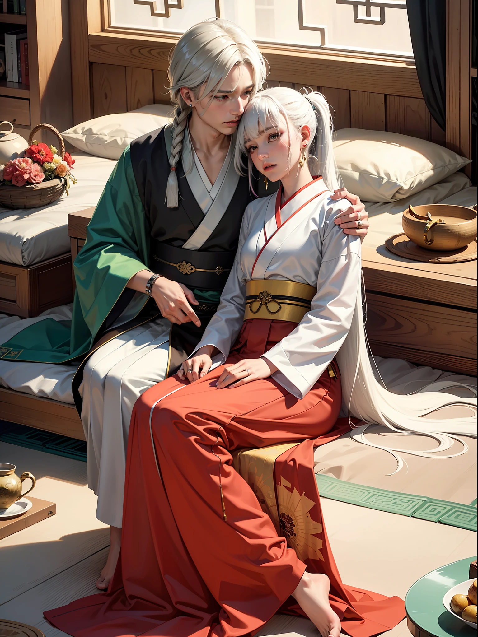 Concept Art, "1 Couple, Male Focus, Fin Ears, Multicolored Hair, Handsome Boy, Long White Hair, Tassels, Bangs, Carp, Colorful, Bold Colors, White Kimono, (Open) Kimono, Traditional Chinese Clothing, Close-up, Intimate Interaction in Bed, Stud Earrings, Rings, Sweat, Illuminate People", Colorful, Master Composition, Focus on Key Figures, Realism, Masterpiece, Award-Standing, Best Quality, Masterpiece, Ultra Detailed, 8K, Extremely Detailed CG Unity 8k wallpaper, complex, highly detailedrealistic