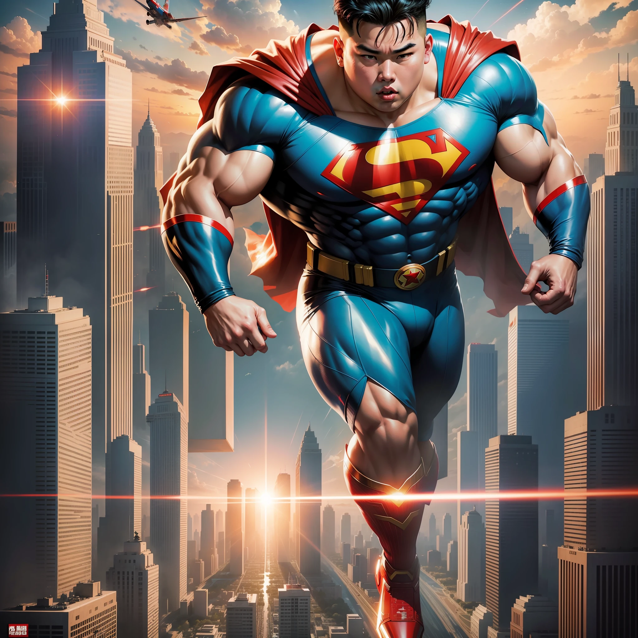 Kim Jong Un as Superman, DC comics, flying over city, sunset, action movie poster