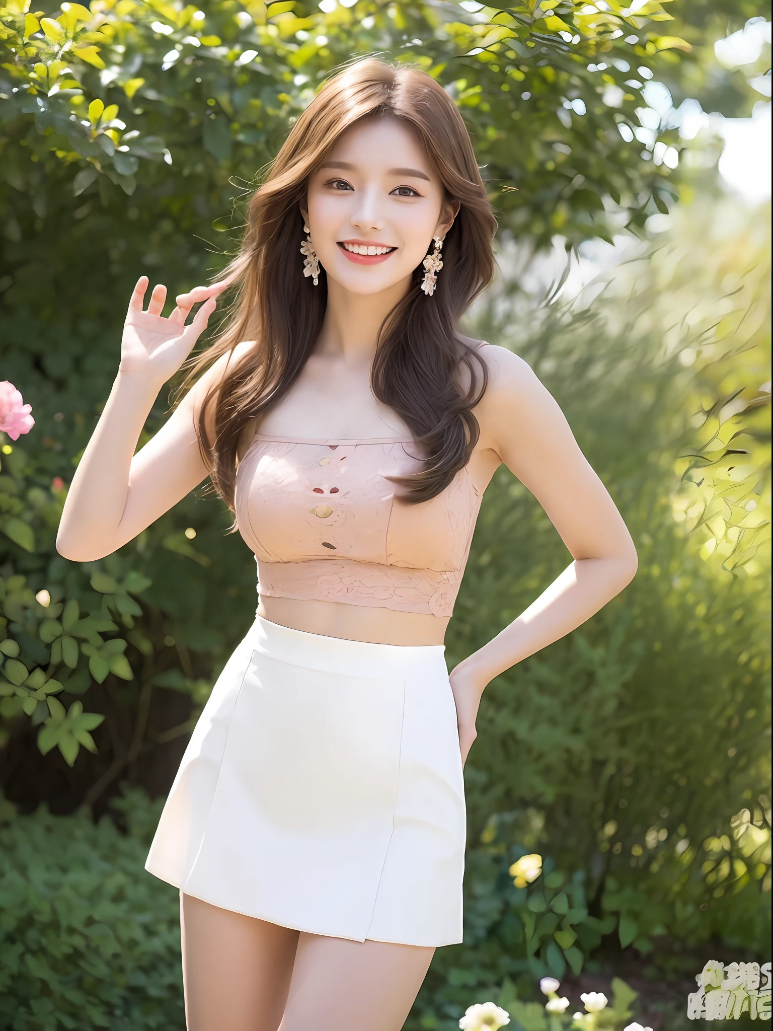 In the garden, 1 girl, hairpins, earrings, jewelry, brown hair, looking at the audience, lips, playful, thighs, full body, white top, short skirt, sweet smile on the face, natural arms, seems to be dancing in harmony with the surroundings. Her breath is full of vitality and vitality, as if her whole body is venting the energy of youth. The whole picture is made more vivid by her presence, making people feel endless joy and vitality.