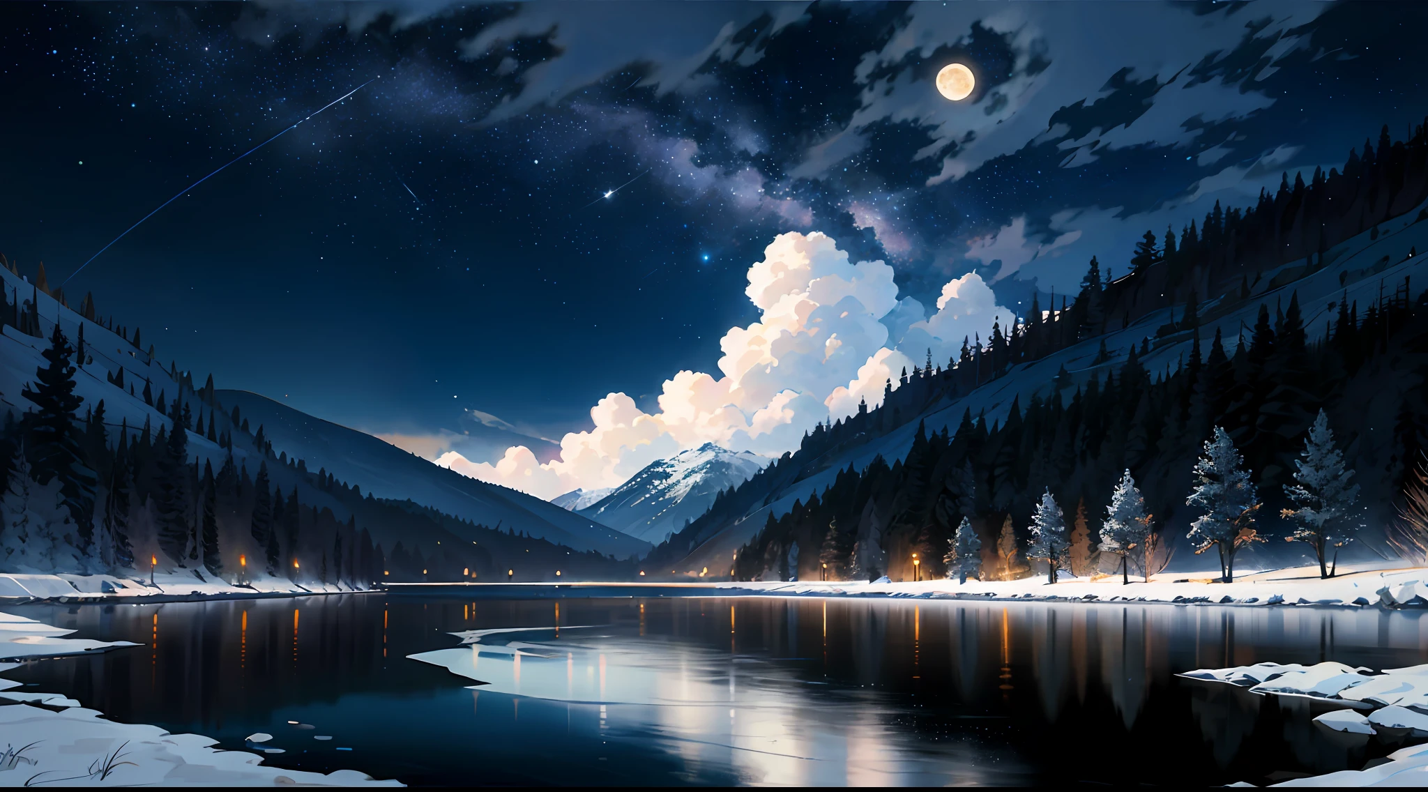 A painting of a river with stars and moon in the sky, concept art inspired by Tosa Mitsuoki, pixiv contest winner, best quality, fantasy art, beautiful anime scene, a bright moon, moonlit starry environment, dream painting, Anime Background Art, Fantasy Landscape Art, Fantasy Night, Anime Background, Background Artwork, Fantastic Art, Atmospheric Anime, Starry Sky, Detail Enhanced.