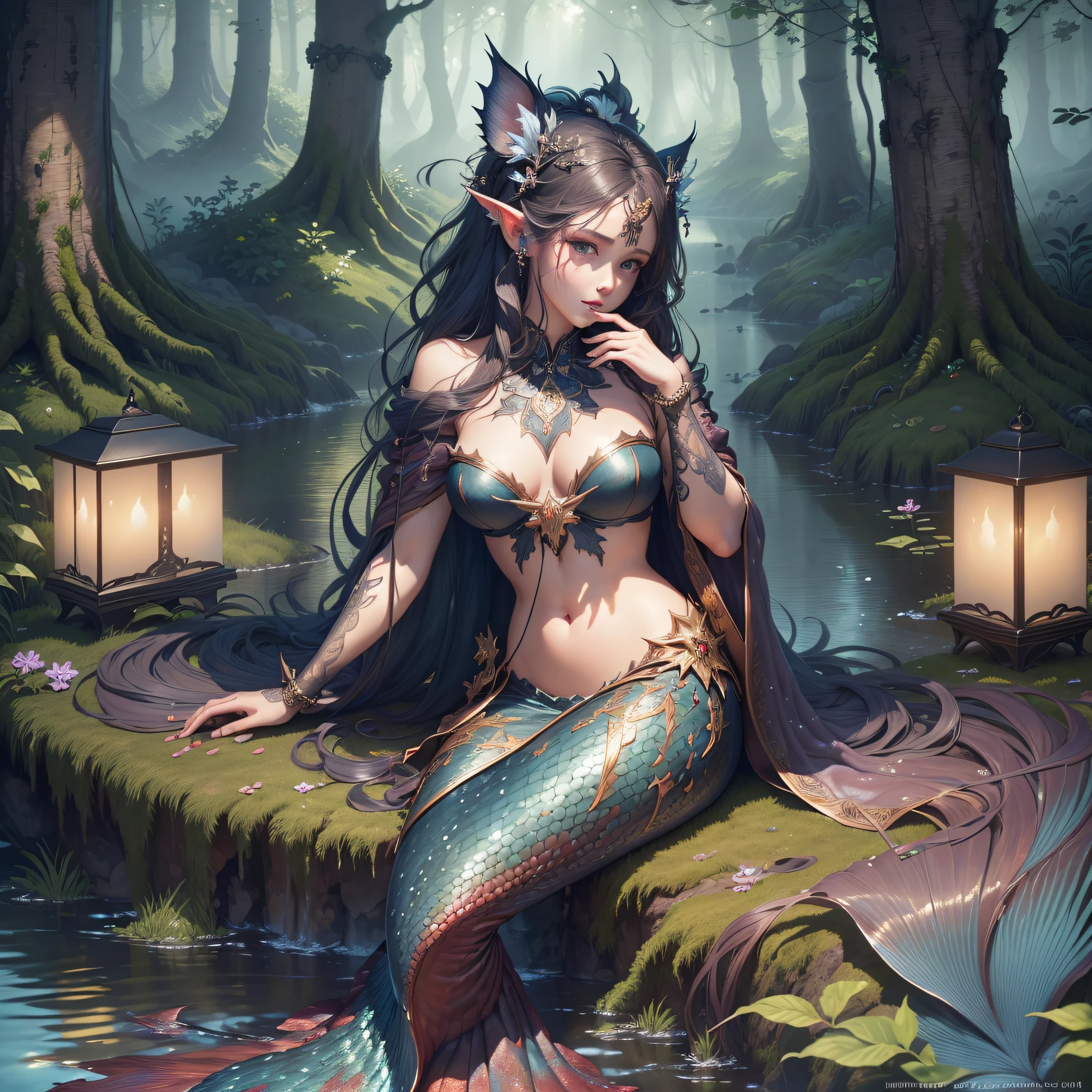 Masterpiece, best quality, (very detailed CG unified 8k wallpaper), (best quality), (best illustration), (best shadow), realistic lighting, full body shot, mermaid portrait, fish fin ears, intricate, elegant, very detailed, handsome, very detailed, claws, in the forest, blood, rags, beautiful face, dreamy, medieval, beautiful detailed light