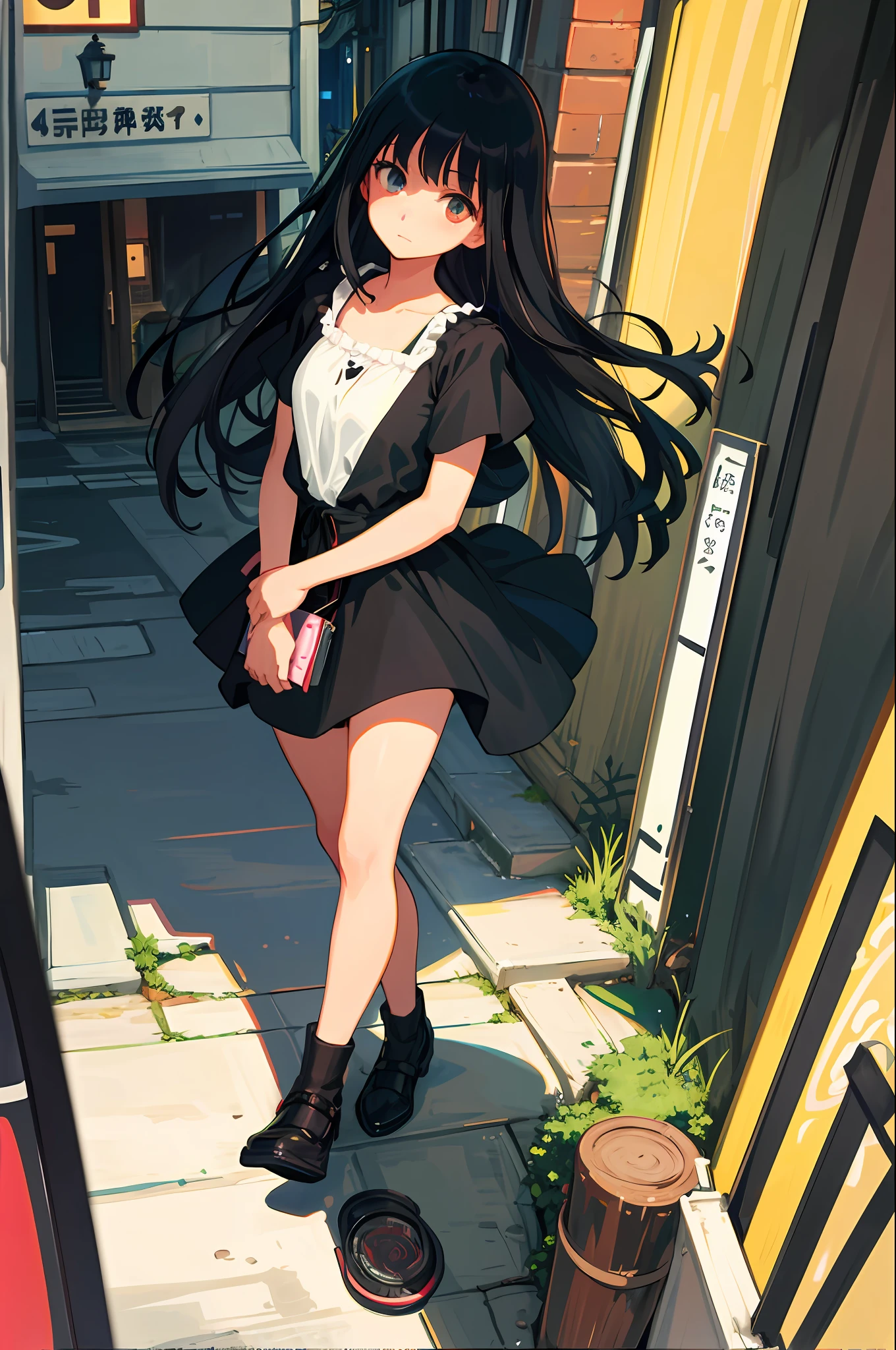 Best Quality Original Character, Volume Lighting, Long Black Hair, Urban Cafe, Summer Dress, Background Painting Ghibli Style, Harajuku Takeshita Street