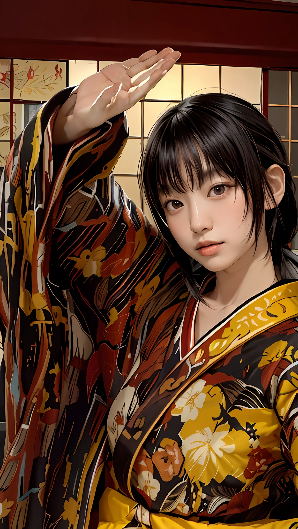 Black hair, Japanese-style room, half red kimono, half yellow kimono