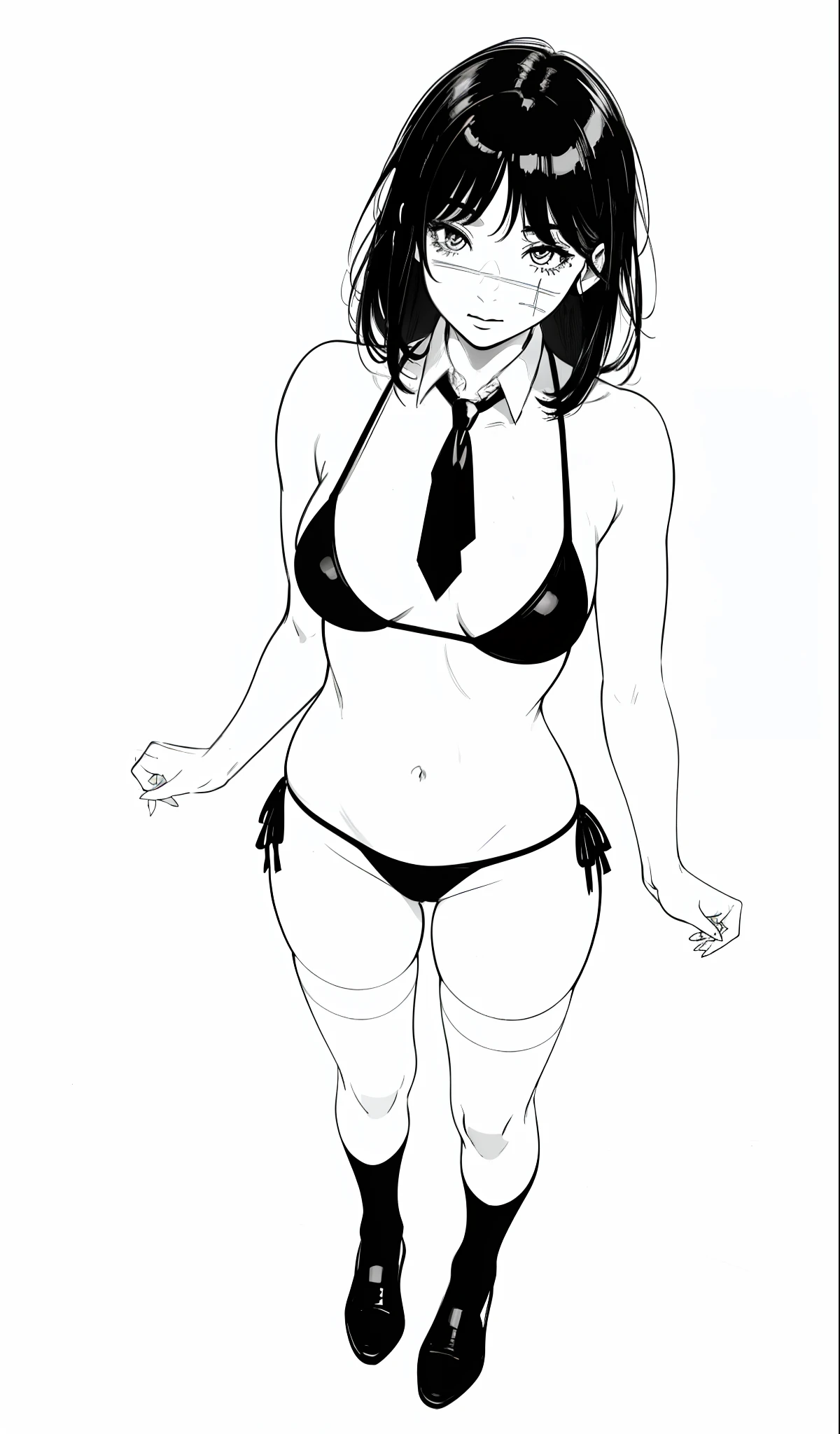 1girl, posing, sexy, bikini, ((micro bikini)), full body, lineart, monochrome, scar, school stockings, white background, bottomless, best quality, good anatomy, perspective from above, black hair, designs