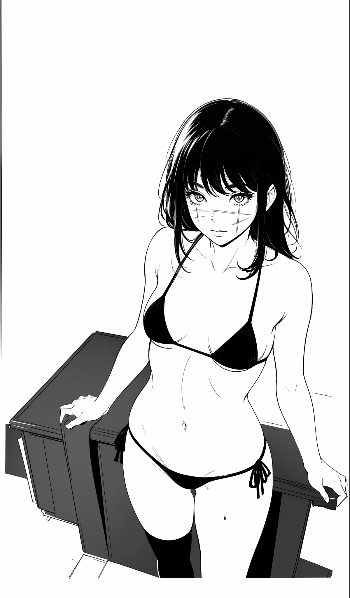 1girl, posing, sexy, bikini, ((micro bikini)), full body, lineart, monochrome, scar, school stockings, white background, bottomless, best quality, good anatomy, perspective from above, black hair, designs