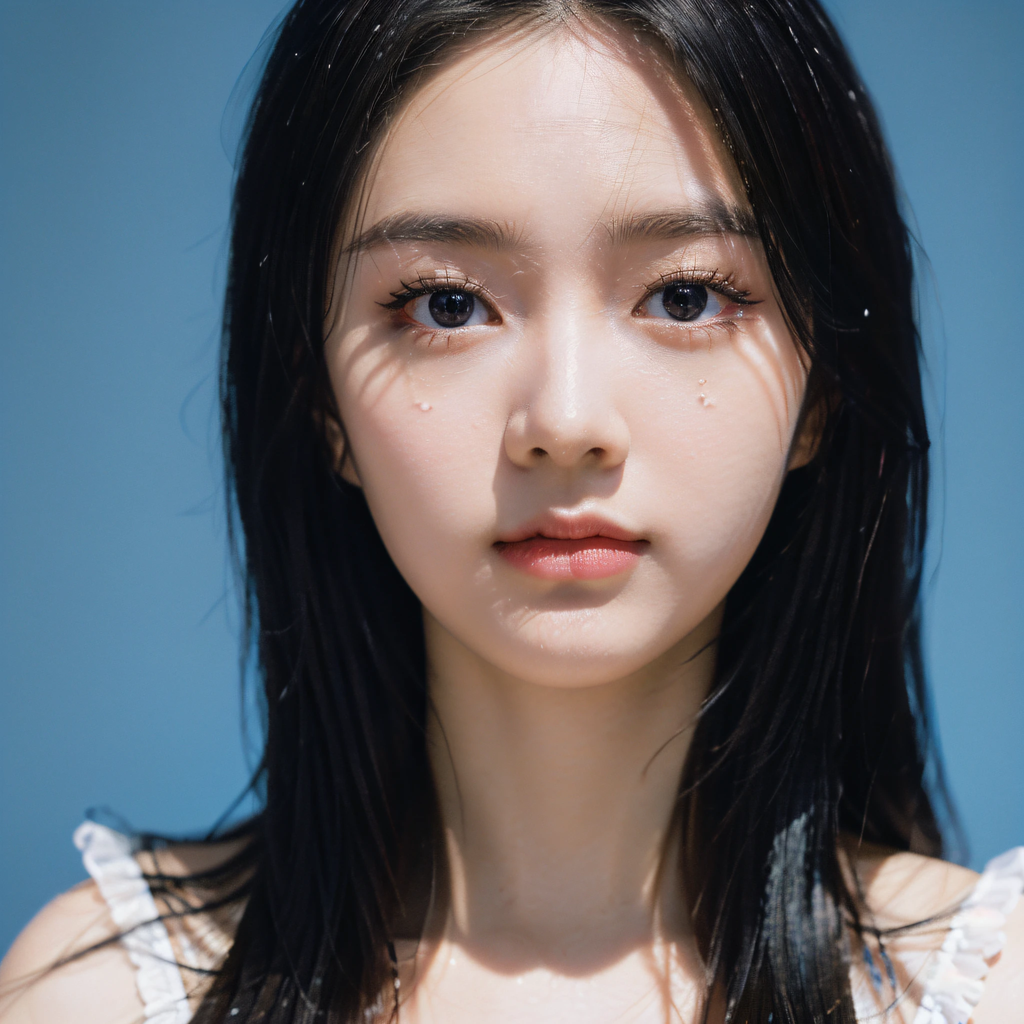 Best Quality, Masterpiece, Ultra High Resolution, (Realistic: 1.4), Original Photo, Wallpaper, Bust Photo, Skin, (Pure blue background), Black Eyes, Detail, 1 Girl, , Breeze, Emotional Face, Studio Light, Make Up Portrait, Black eyeshadows,