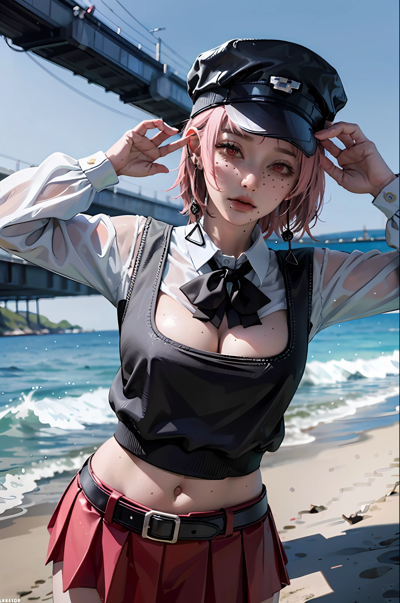 Absurd, high resolution, super detailed, (1 girl:1.3),
break
, fami \ (chainsaw man) with (huge hanging breasts: 2.0) and (huge hips: 1.2), expressionless, mouth closed, looking at the audience, pink hair, black hat, red eyes, school uniform, dress, white shirt, miniskirt, neckband, jewelry, earrings,
break
, at the beach, the body is wet. Double exposure, layered images, blended visuals, overlapping compositions, fantastic hallucinations, poetic narratives