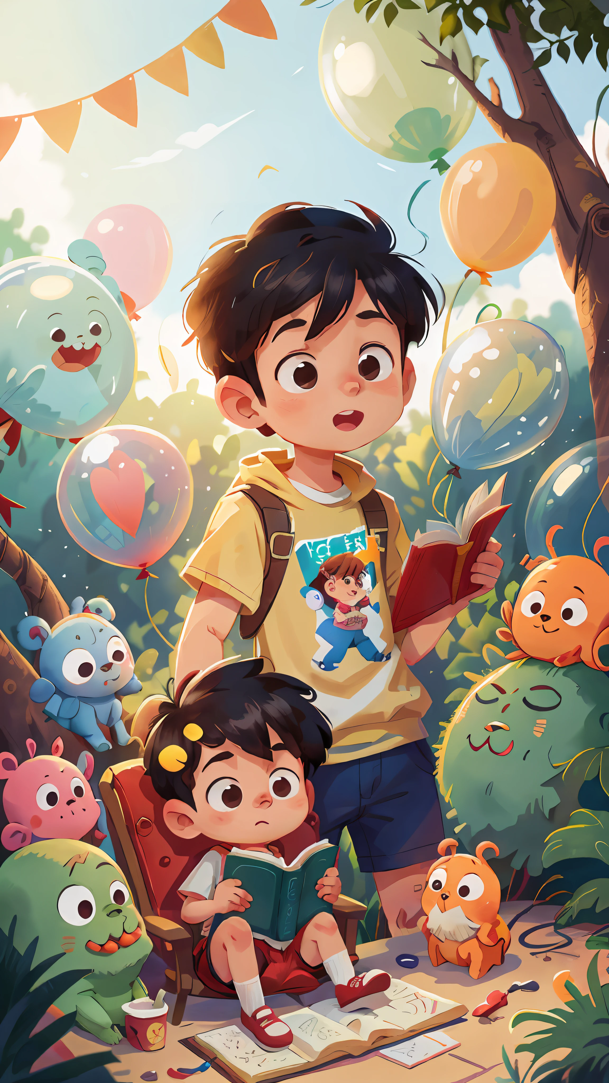 A boy child reading a book, reading, zoo, many balloons, happy, happy, perfect quality, clear focus (clutter-home: 0.8), (masterpiece: 1.2) (Realistic: 1.2) (Bokeh) (Best quality) (Detailed skin: 1.3) (Intricate details) (8K) (Detail Eyes) (Sharp Focus), (Happy)