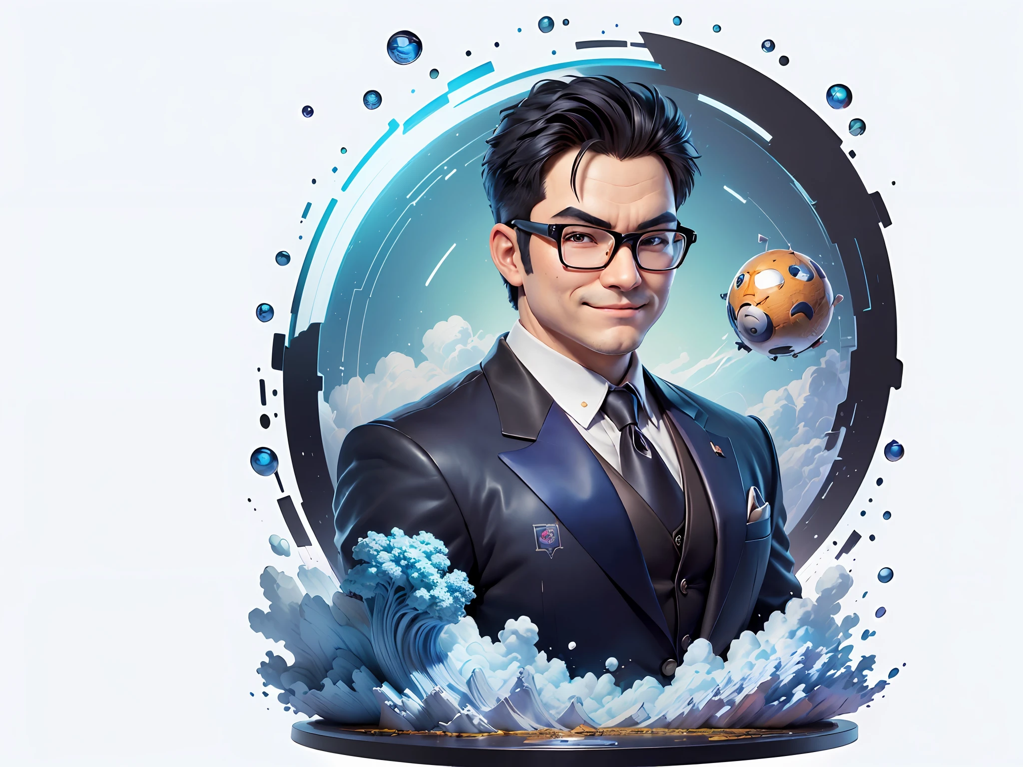 (((Masterpiece), (Excellent), (Super Meticulous), (Full Body: 1.2), Super Young Man, Oriental Face, Japanese Wind and Thunder God, Dragon, Tiger, TV Anchor, Bust Portrait Illustration, Alone, Black Formal Suit, Blue Tie, Slightly Chubby Face, Silver Glasses Face Very Clean No Beard, Black Super Short Hair, Black Eyes, Confident Smile, 3c Computer Sub-Products, iPad, iPhone, Digital Painting, 3D Character Design by Akira Toriyama and Mark Claireden and Pixar and Hayao Miyazaki, The illustration is a high-definition illustration in 4K resolution with very detailed facial features and cartoon-style visuals.