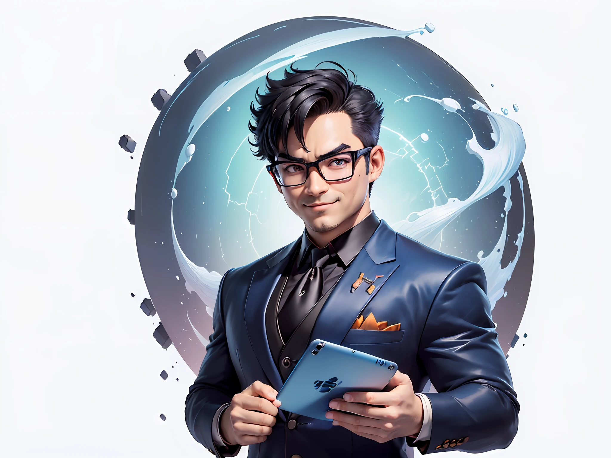 (((Masterpiece), (Excellent), (Super Meticulous), (Full Body: 1.2), Super Young Man, Oriental Face, Japanese Wind and Thunder God, Dragon, Tiger, TV Anchor, Bust Portrait Illustration, Alone, Black Formal Suit, Blue Tie, Slightly Chubby Face, Silver Glasses Face Very Clean No Beard, Black Super Short Hair, Black Eyes, Confident Smile, 3c Computer Sub-Products, iPad, iPhone, Digital Painting, 3D Character Design by Akira Toriyama and Mark Claireden and Pixar and Hayao Miyazaki, The illustration is a high-definition illustration in 4K resolution with very detailed facial features and cartoon-style visuals.