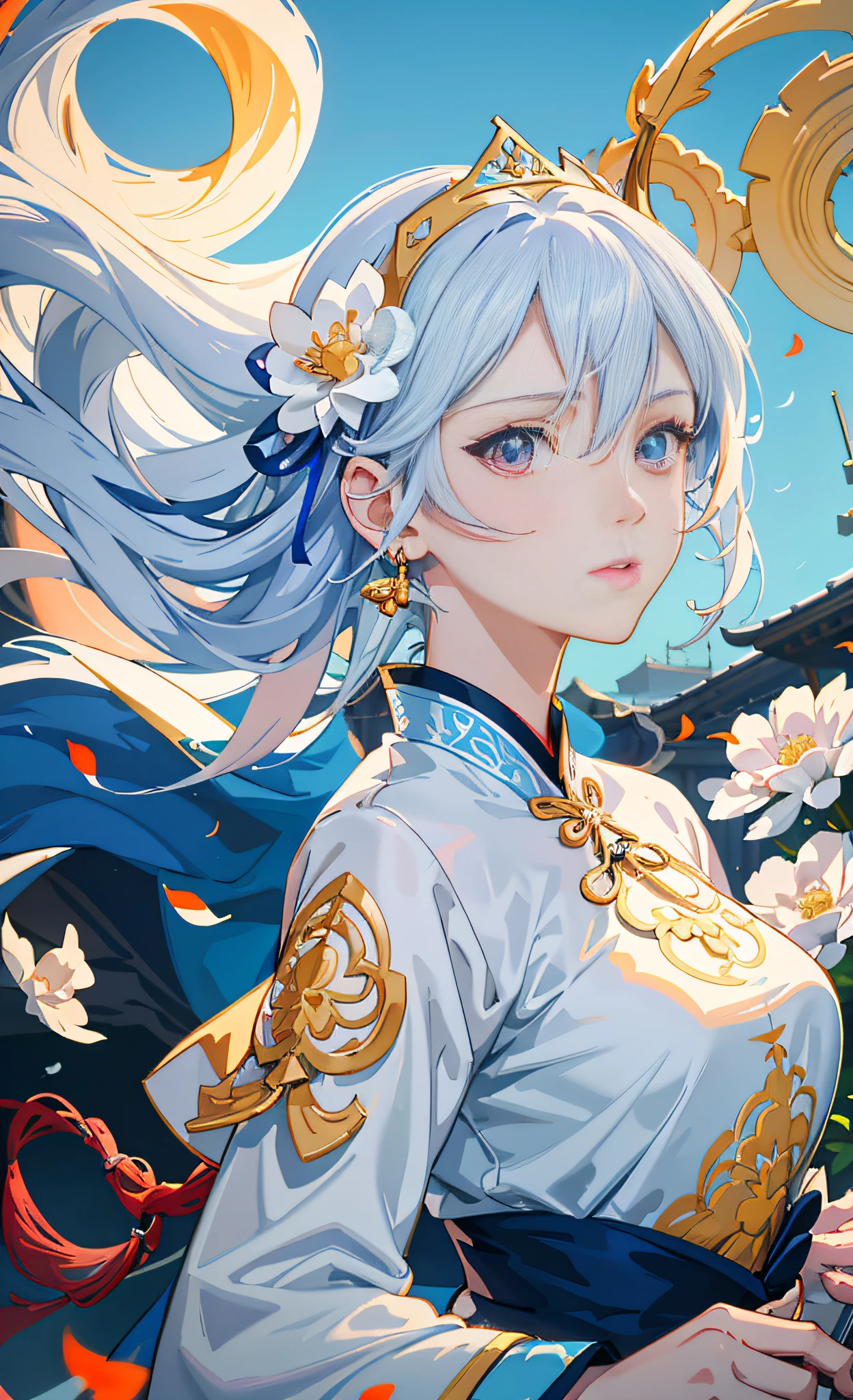 anime girl with blue hair and white dress holding a sword, detailed digital anime art, anime art wallpaper 8 k, white haired deity, anime art wallpaper 4 k, anime art wallpaper 4k, digital anime illustration, anime style 4 k, trending on artstation pixiv, palace ， a girl in hanfu, trending on cgstation, detailed anime artwork
