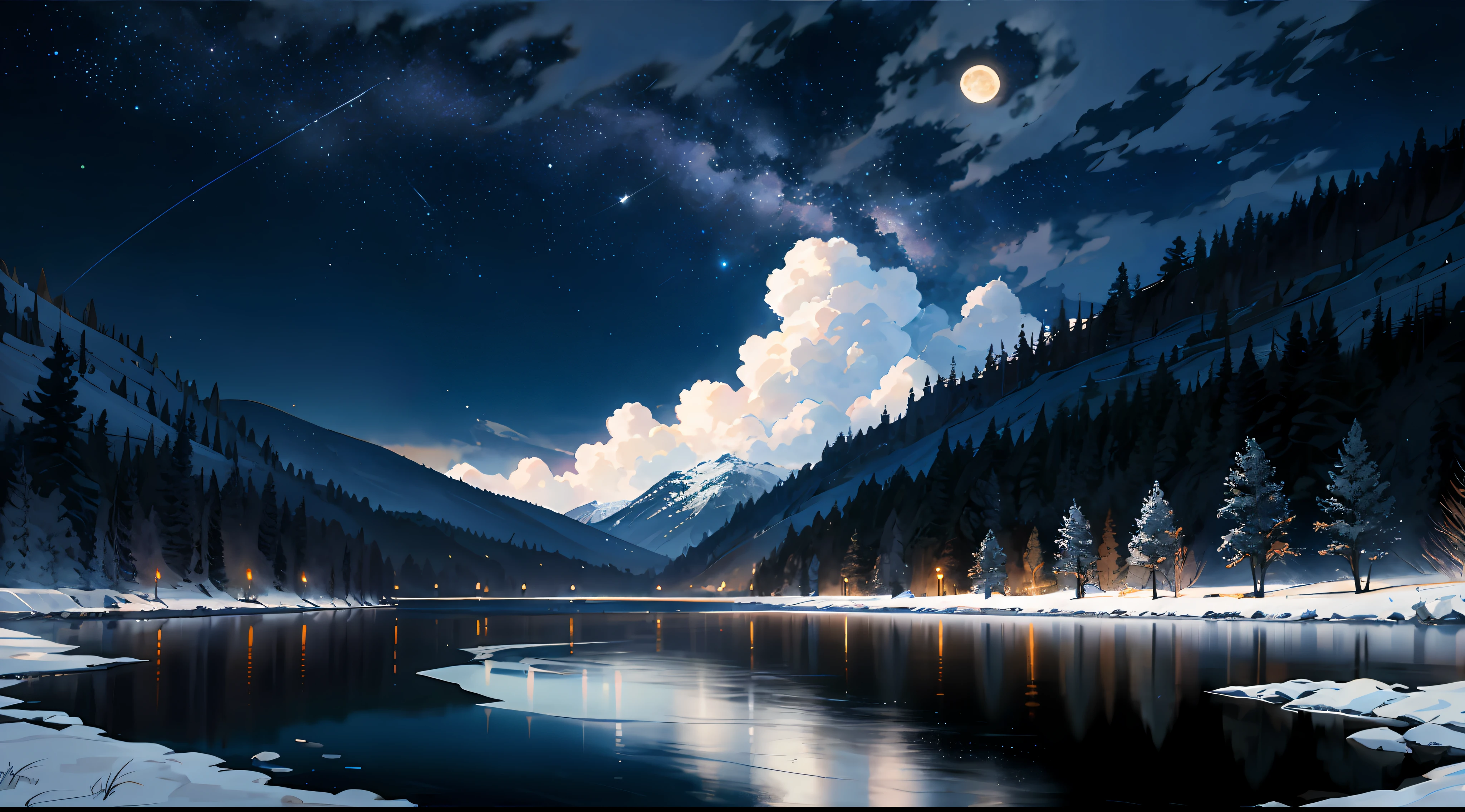 A painting of a river with stars and moon in the sky, concept art inspired by Tosa Mitsuoki, pixiv contest winner, best quality, fantasy art, beautiful anime scene, a bright moon, moonlit starry environment, dream painting, Anime Background Art, Fantasy Landscape Art, Fantasy Night, Anime Background, Background Artwork, Fantastic Art, Atmospheric Anime, Starry Sky, Detail Enhanced.