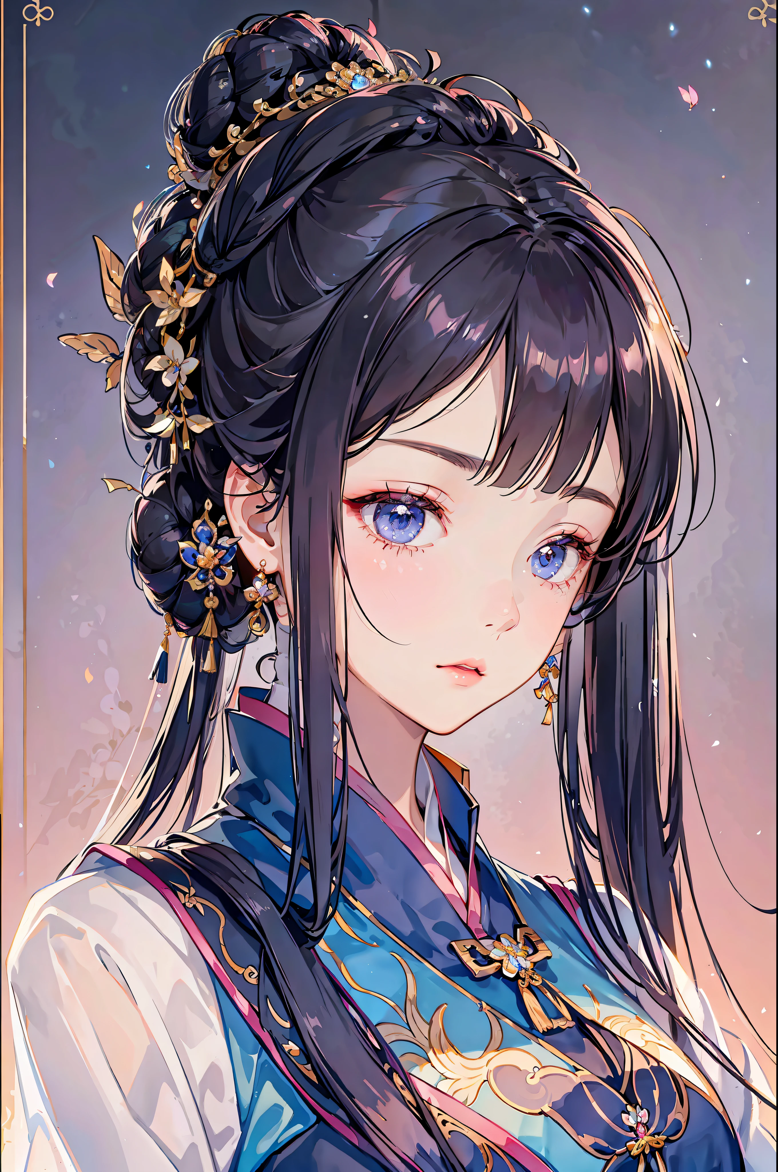 Absurd, High Resolution, Ultra Detailed, 1girl, Mature Royal Sister, Solo, Very Detailed Eyes, Delicate Eyes, Braided Bun, Asymmetrical Bangs, Wearing Earrings, Pink Silk Hanfu, Masterpiece, Dark Night, Official Art Illustration, Night, Gaze Screen, 4K, Hazy, Fairy Fluttering, Disappointed, Portrait on the Front