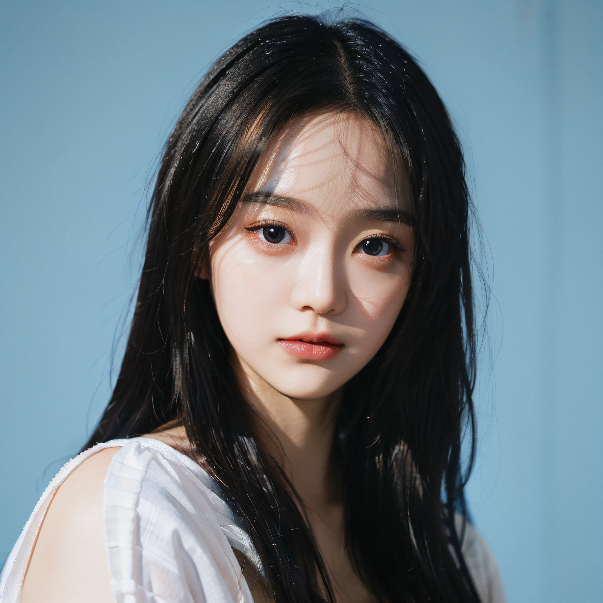 Best Quality, Masterpiece, Ultra High Resolution, (Realistic: 1.4), Original Photo, Wallpaper, Bust Photo, Skin, (Pure blue background), Black Eyes, Detail, 1 Girl, 16 Years Old, Breeze, Emotional Face, Studio Light, Make Up Portrait, Black eyeshadows,