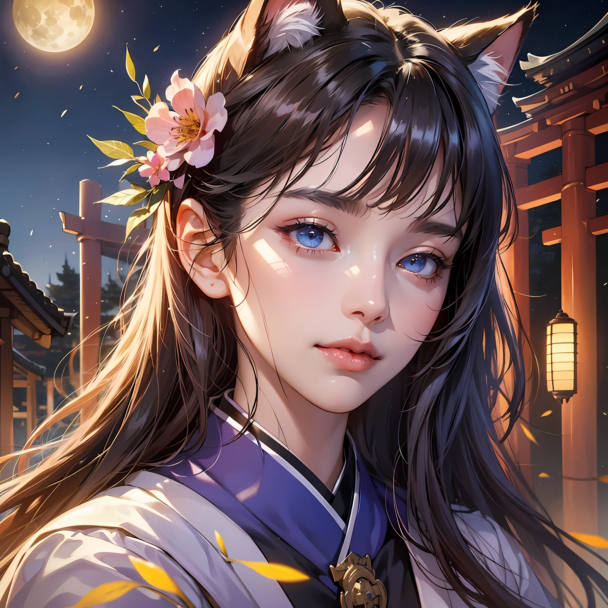 (absurd, high resolution, super detail), face close-up, face enhancement, focus on face, single woman, mature woman, elderly long straight hair, shiny beautiful hair, blue eyes, bangs, long sleeves, finely drawn eyes and detailed face, eye highlights, hands without breaks, rich lighting, pale pink lips, highly detailed CG unified 8K wallpaper, realistic and smooth skin, intricate details, portrait, gaze, solo, half shot, finely drawn face, soft smile, dynamic pose, classical period, (subject of ancient Japan: 1.1), Japan mythology, cat ears, Japan person, ruler, blue kimono, flower kimono, ancient theme, (prosperous civilization: 1.1), moon in background, (pure white: 1.1) shrine, torii, Japan landscape, old town in background, fox mask, fantastic, dreamy, romantic, light dance, lantern, austerity, night, darkness, star, portrait, movie lighting, flower hairpiece, date, cherry --auto --s2