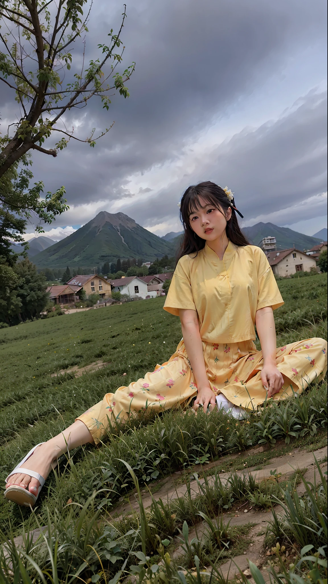 there is a woman sitting on the grass with her feet up, with mountains in the background, with mountains in background, dang my linh, moutain in background, sitting on the ground, with mountains as background, inspired by Ruth Jên, with a volcano in the background, nivanh chanthara, inspired by Ni Duan