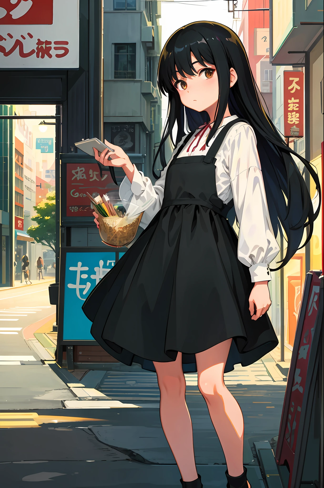 Best Quality Original Character, Volume Lighting, Long Black Hair, Urban Cafe, Summer Dress, Background Painting Ghibli Style, Harajuku Takeshita Street