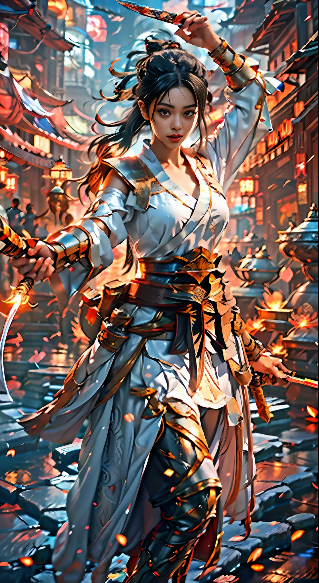 Best Quality, Masterpiece, Ultra High Resolution, Cultivation, Detail Face, Solo, Weapon, (Magic Circle: 1.2), Pretty Girl, Full Body, East Asian Architecture, Sheath, Building, Ace, 4k, High Resolution, Head: 1.3, Delicate Skin, (Cinema Lights), Collarbone, Soft Light, Cool, Dynamic Angle, [:( Detailed Face: 1.2): 0.2], Armpit Wrinkles, Thigh Gaps, Slightly Chubby and Plump, Mid-chest, Full Body ,Phoenix eyes, delicate facial features, ink pastel color, ultra-high-definition abstract composition, Paladin Ranger, Sword, Weapon, 1gid, Martial Blade, Gradient, Gradient Background, Sheath, Earrings, Jewelry, Knife Ju, Ponytail Whip, Ear Piercing, Black Hair, Piercing, Fairy Flutter, Hand on Hit