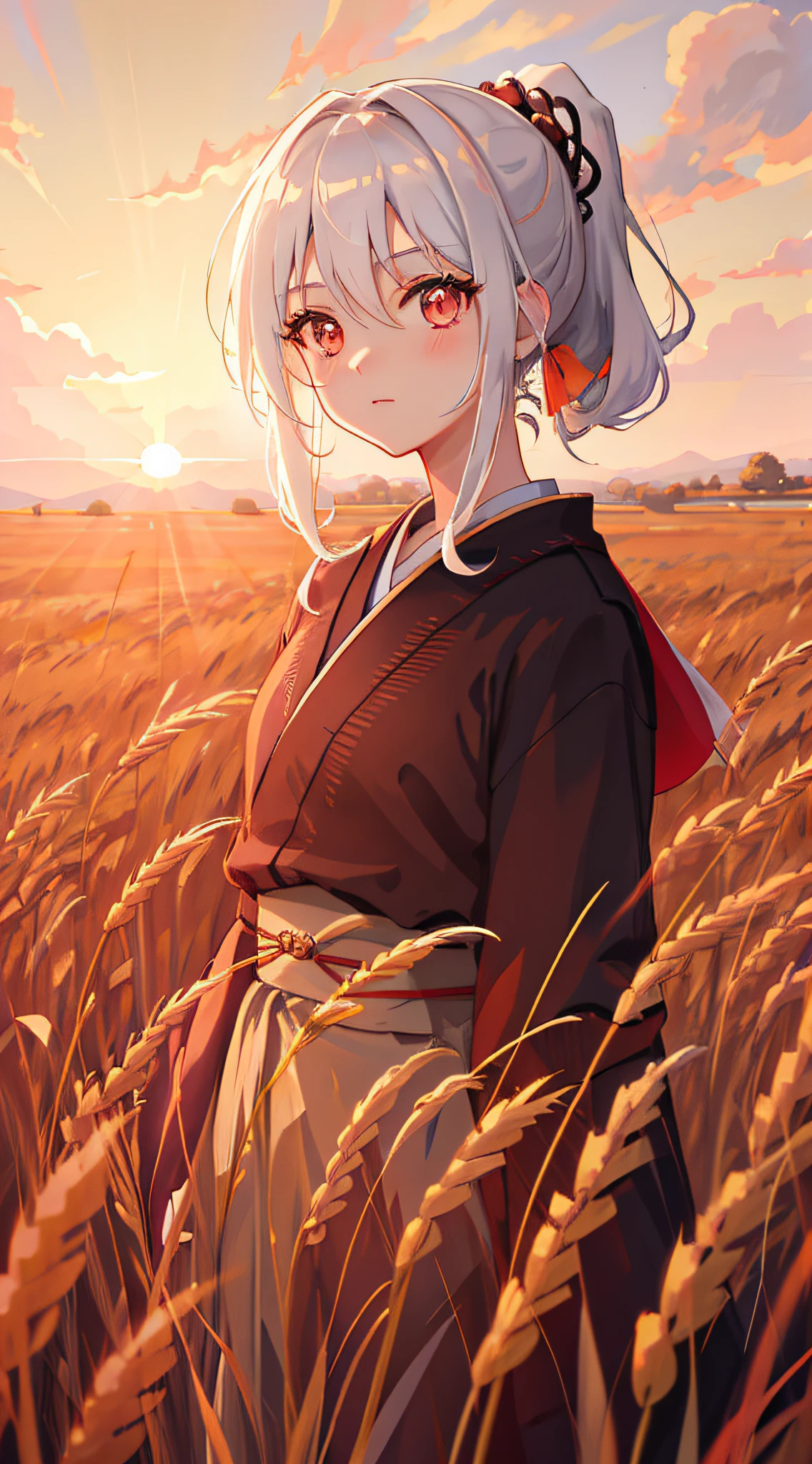 Masterpiece, Superb Style, Beautiful Anime Style, Shoujo, Super Delicate Face, Stunning Face, 1girl, Portrait, White Hair, Ponytail, Red Eye, Samurai, Wheat Landscape, Wheat Field, Sunset, Sun, Clouds, (Neutral Color), (HDR:1.4), Simple Background, Background Blur, Stunning Lighting, C4D, OC Rendering, Movie Edge Light, Fine Light,