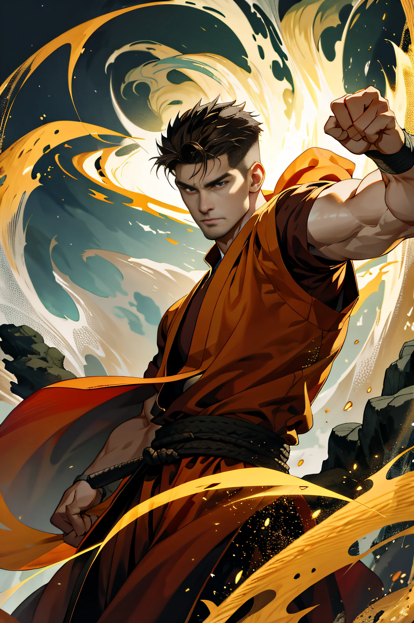 (absurdres, highres, ultra detailed), 1 male, mature, aged up, handsome, tall muscular guy, broad shoulders, very short hair, undercut, dark brown eyes, finely detailed eyes and detailed face, extremely detailed CG unity 8k wallpaper, intricate details, (style-swirlmagic:0.7), looking at viewer, solo, (full body:0.6), detailed background, detailed face, (european medieval fantasy theme:1.1),  hair flowing in the wind, martial artist, dynamic pose, fighting stance, clenched fist,  fingerless gloves, wristwraps,  dragon themed clothes, monk robes, bamboo forest in background, swirling floating particles,   dynamic composition, mystical eastern medieval atmosphere,